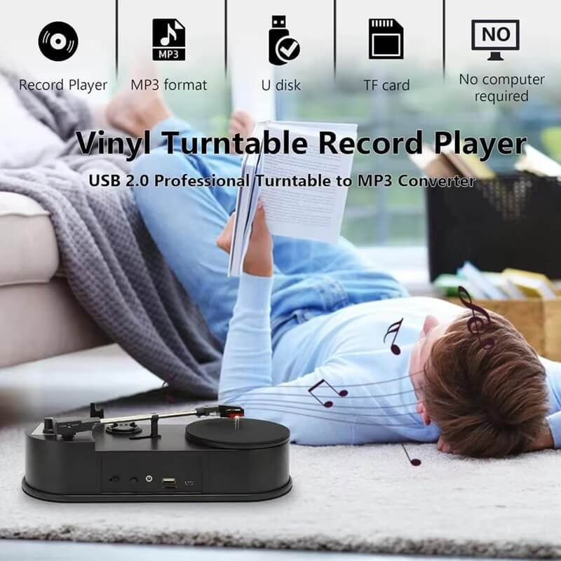 Portable Phonograph Record Player 33/45RPM Turntable Players Converter Save Vinyl Music Records to MP3 TF Card/USB Built in Speaker No Need PC in black