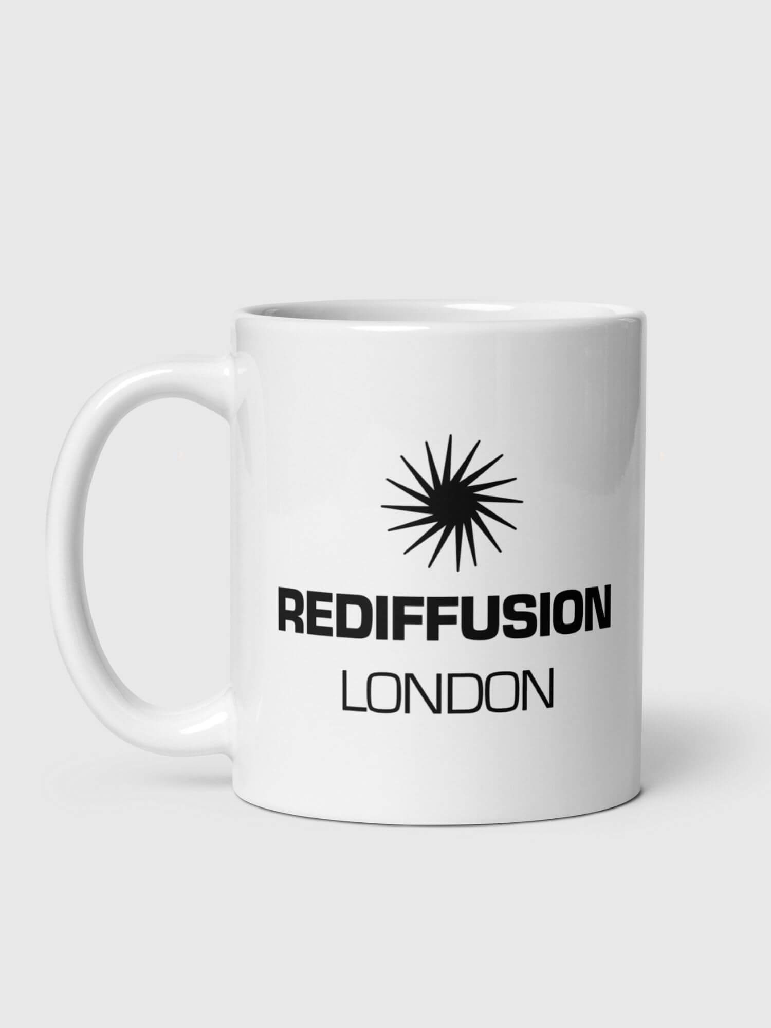 Retro Rediffusion London TV Mug   Vintage Classic English British T.V. television station logo drinks cup coffee, tea, juice, milk drinking cups miteigi branded product item tumblers ceramics in white with black ink pattern Ceramic Anime Gifts English souvenirs studios UK mugs United Kingdom Great Britain collections