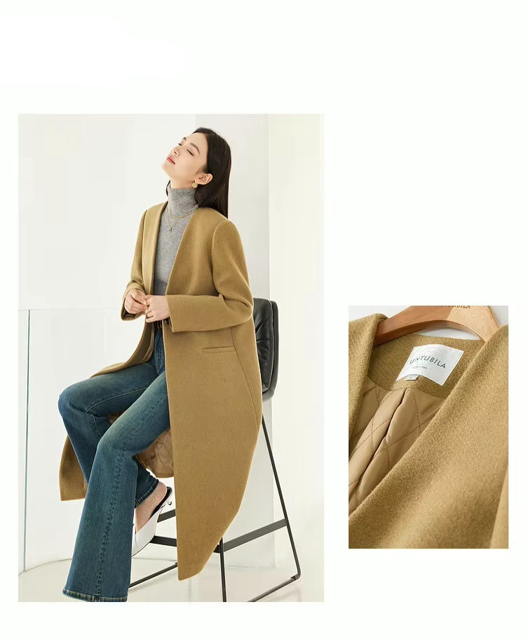Quilted Woolen Long Coat      Women’s Warm winter wfh office workwear plain tailored long sleeve pockets outerwear coats for woman Female v-neck longline sing button womens wool overcoats in khaki #134D52663
