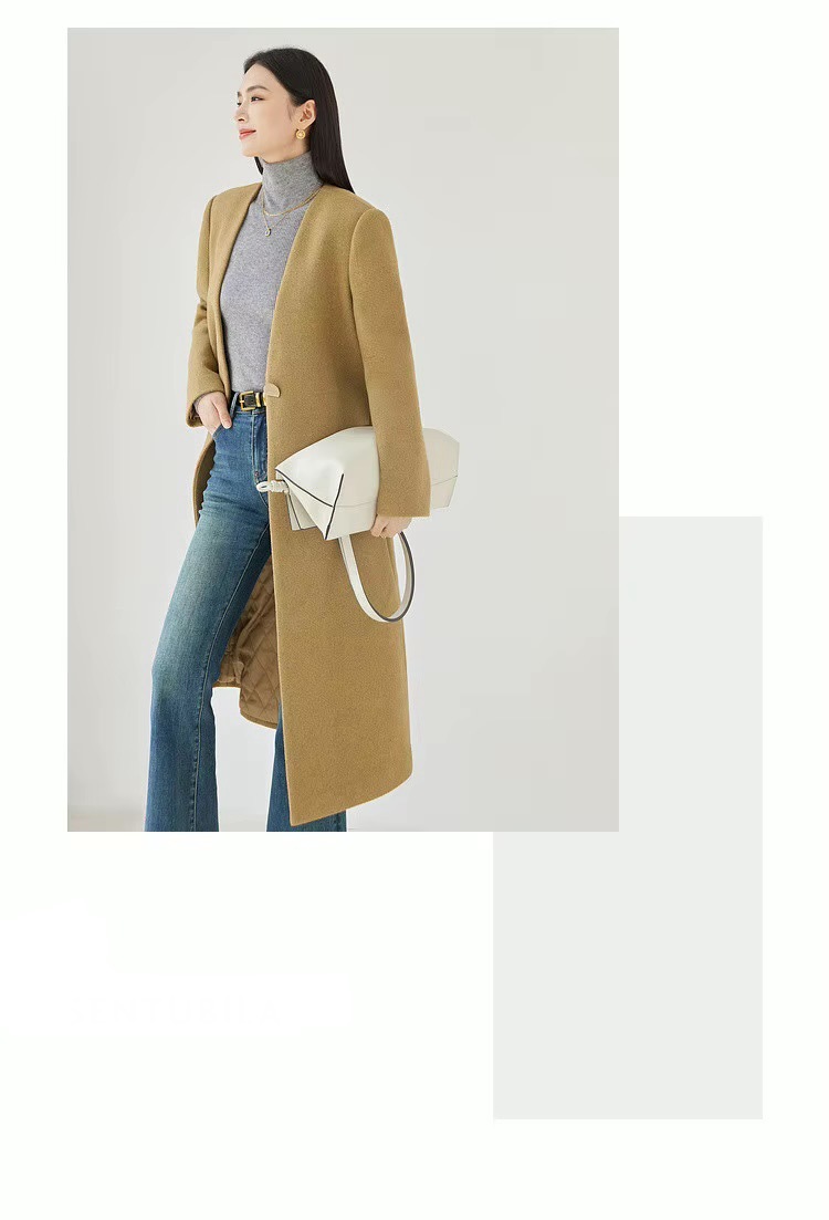 Quilted Woolen Long Coat      Women’s Warm winter wfh office workwear plain tailored long sleeve pockets outerwear coats for woman Female v-neck longline sing button womens wool overcoats in khaki #134D52663