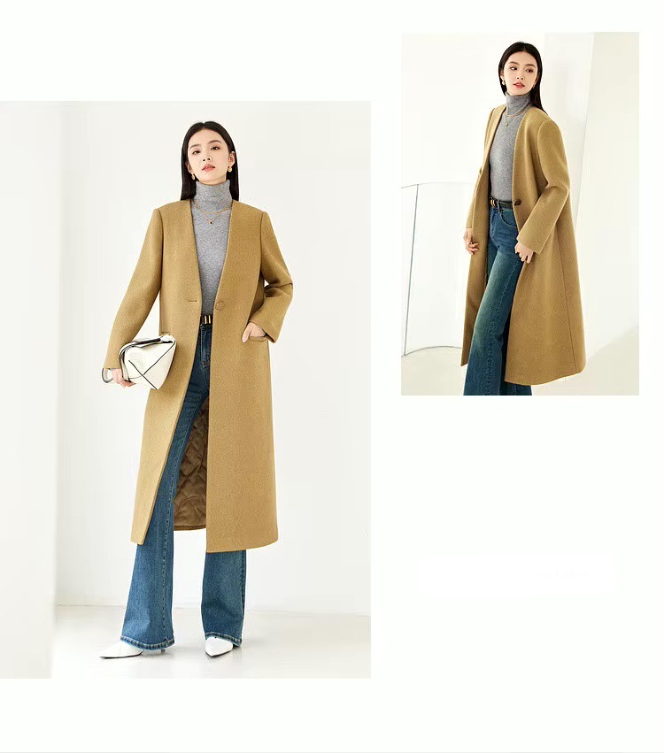 Quilted Woolen Long Coat      Women’s Warm winter wfh office workwear plain tailored long sleeve pockets outerwear coats for woman Female v-neck longline sing button womens wool overcoats in khaki #134D52663