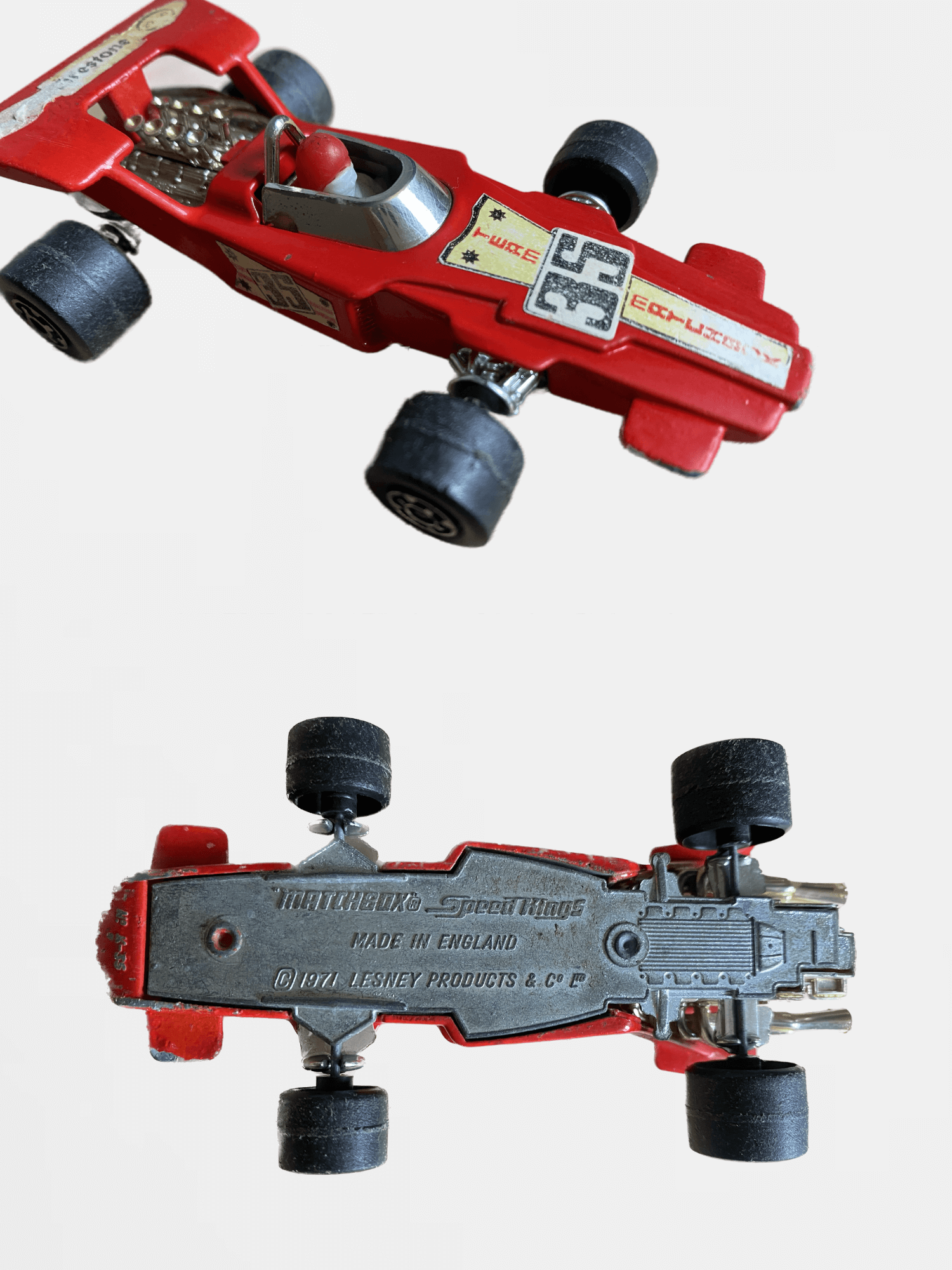 Formula One Racing Car Team #35 by Matchbox Vintage Original 1971 Makers Made in England Collectors Antique Classic Red Firestone Toys Cars Speedkings LESNEY PRODUCTS &.Co Limited Trending British collection Edition