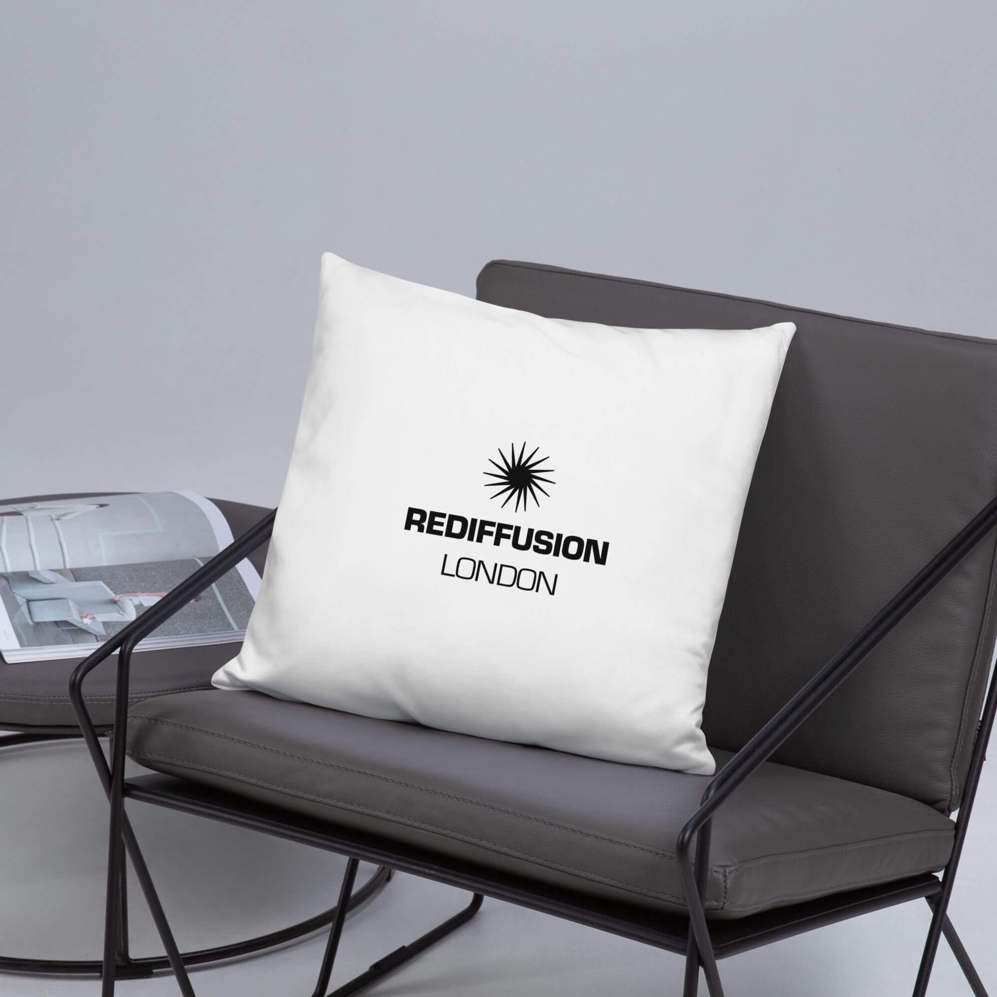 Retro Rediffusion London Pillow   Vintage classic English British tv television studio stage company logo Decorative Pillowcases in white with black ink letter design one sided Pillows case Covers England U.K. United Kingdom Great Britain T.V. Stage production companies 18″×18″