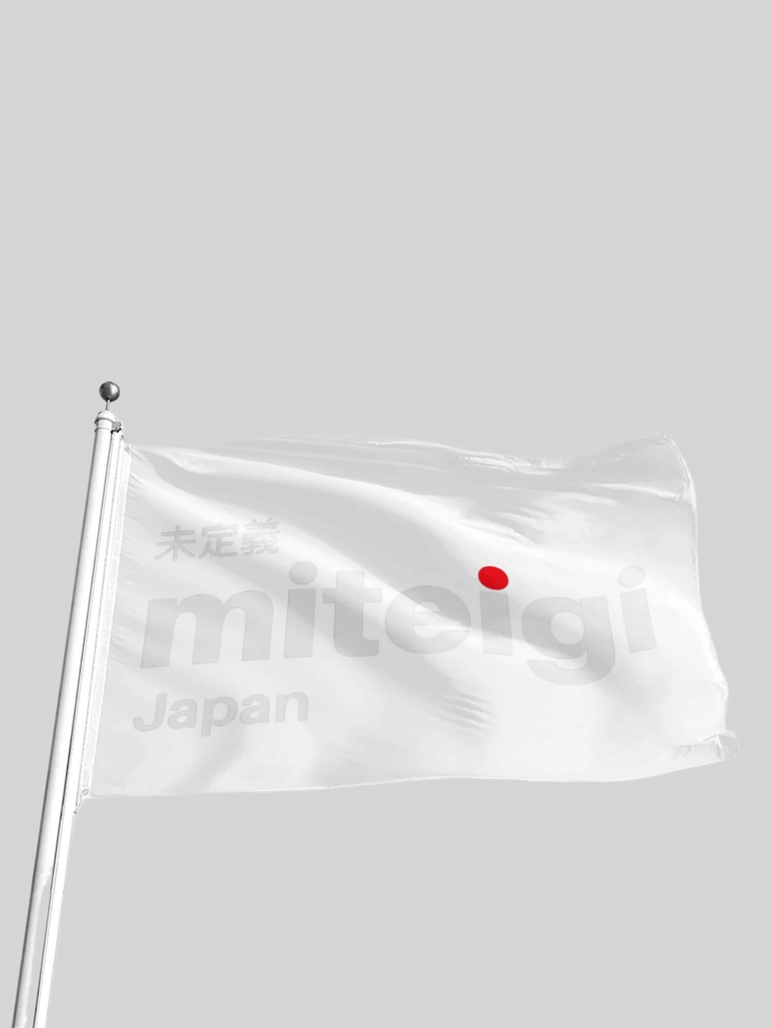 miteigi Logo Flag white   Company branded print in platinum red color with pole eyelets on white background flags 