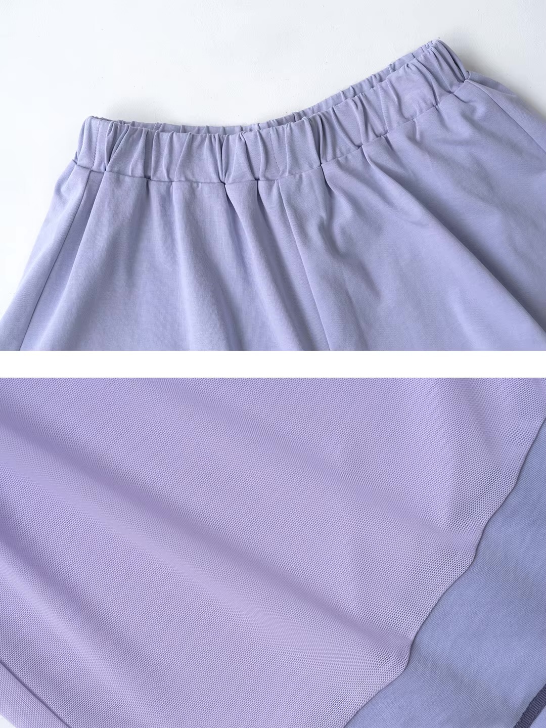 Double-Layer Art Shorts in Cotton  Women’s pure 100% cotton knitted layered striped mid rise elasticated waist tiered straight fit Japanese shorts for woman in lilac light purple Worlds spring summer womens style fashion short pants #244648 World’s Collide