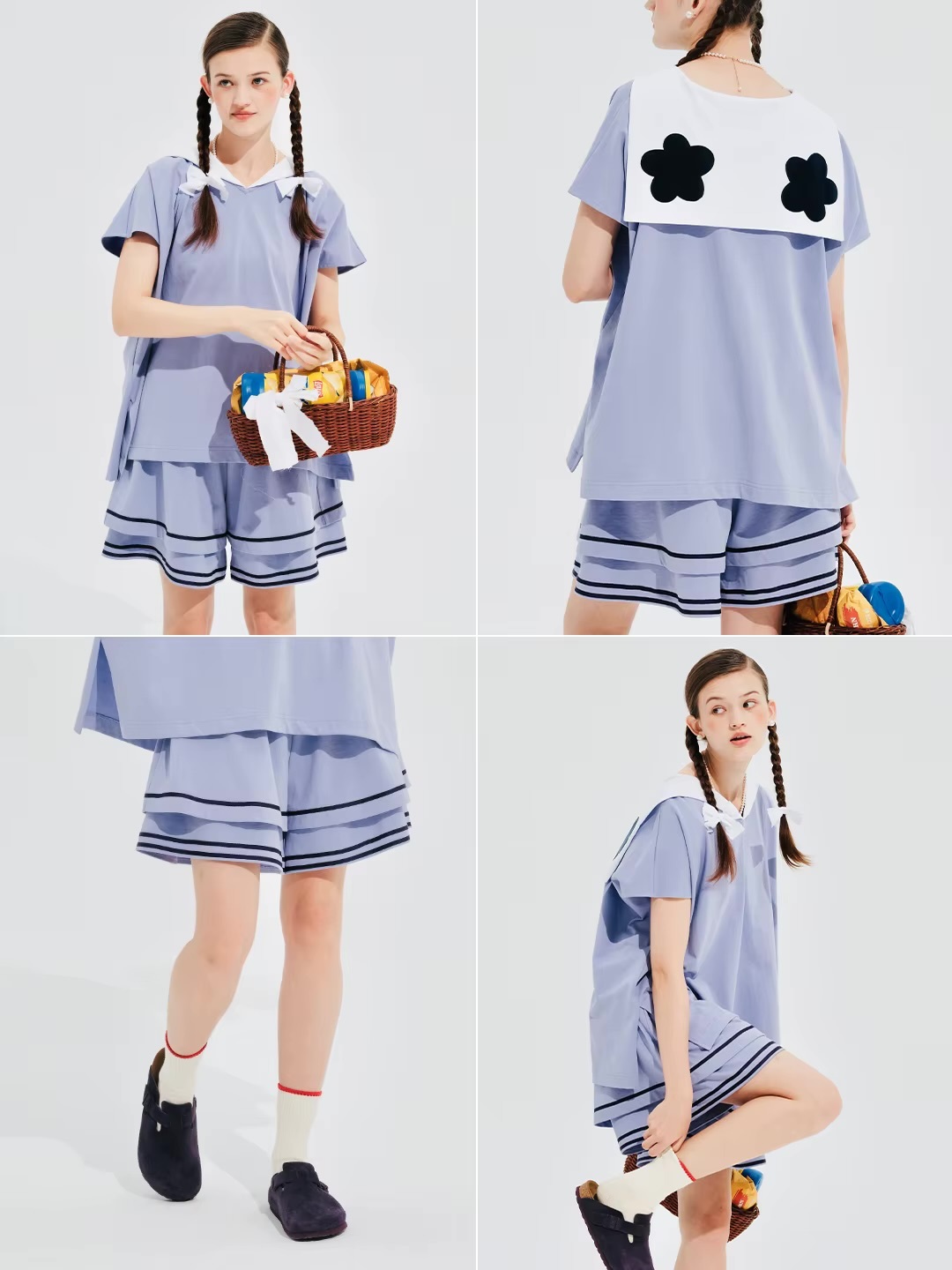 Double-Layer Art Shorts in Cotton  Women’s pure 100% cotton knitted layered striped mid rise elasticated waist tiered straight fit Japanese shorts for woman in lilac light purple Worlds spring summer womens style fashion short pants #244648 World’s Collide