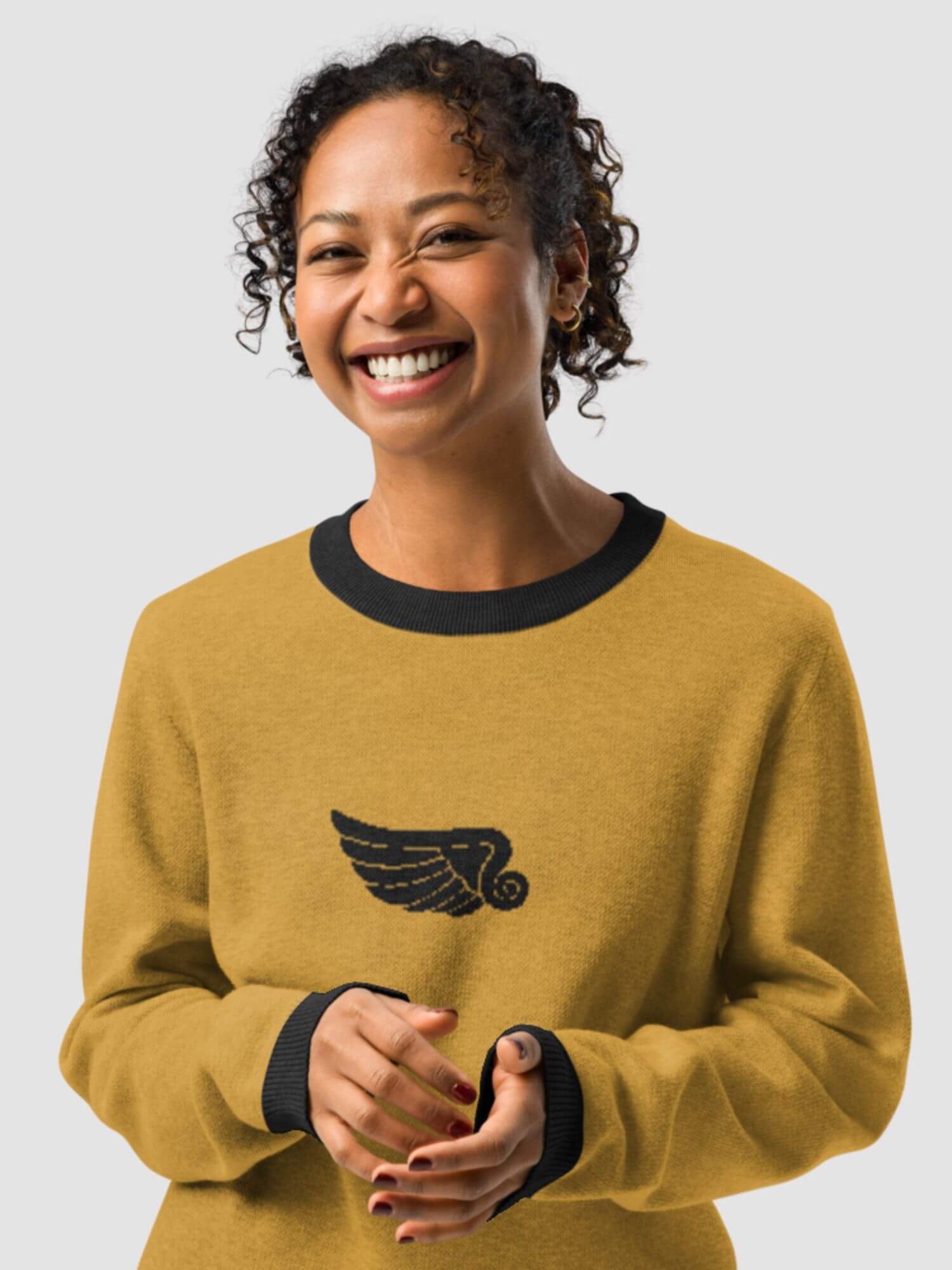 Knitted Crewneck Sweater  Genderful women’s relaxed fit crew neck long sleeves cotton-blend merino stitch knit sweaters for woman in mustard yellow Graphic wing embroidered warm anywear clothes Womens round o-neck embroidered ribbed unisex tops