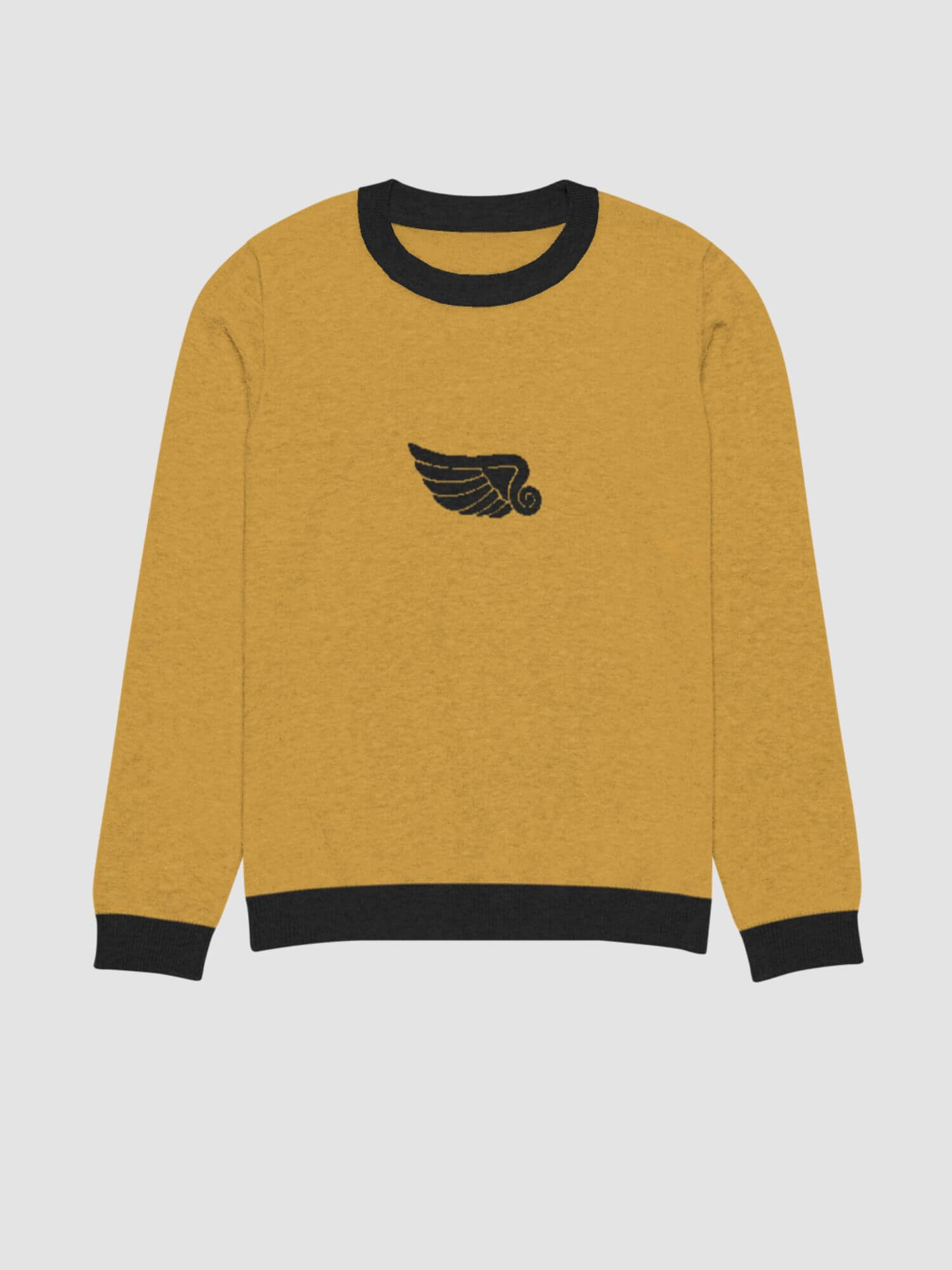 Knitted Crewneck Sweater  Genderful women’s relaxed fit crew neck long sleeves cotton-blend merino stitch knit sweaters for woman in mustard yellow Graphic wing embroidered warm anywear clothes Womens round o-neck embroidered ribbed unisex tops