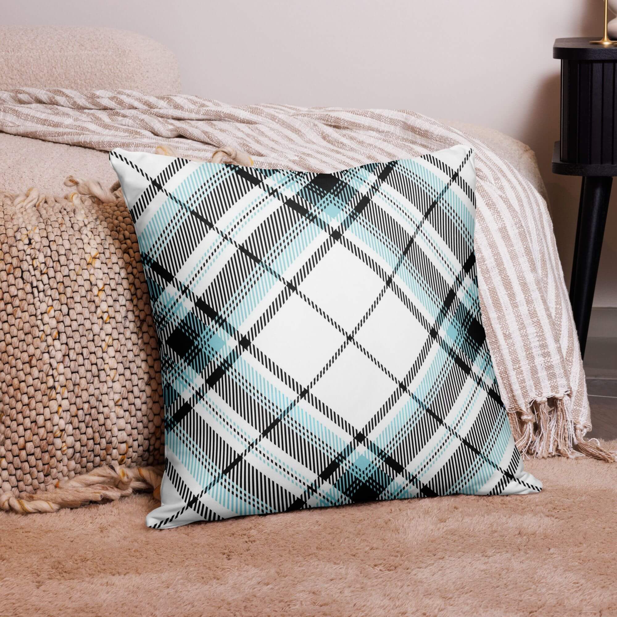 Plaid Tartan Pillow   Vintage classic checkered Decorative Pillowcases in white with light blue black various size design two sided print Pillows case Covers Scottish Canadian American Irish pillows cases 22″×22″