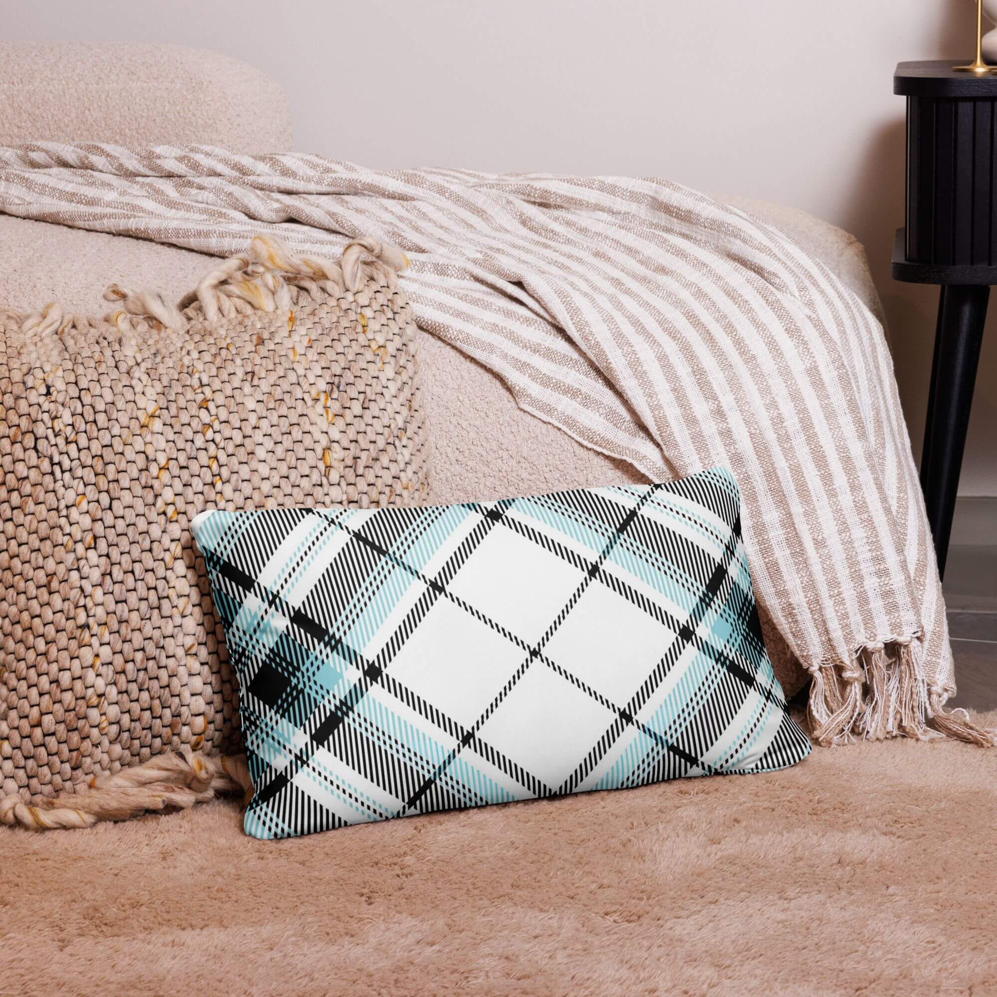 Plaid Tartan Pillow   Vintage classic checkered Decorative Pillowcases in white with light blue black various size design two sided print Pillows case Covers Scottish Canadian American Irish pillows cases 20″×12″