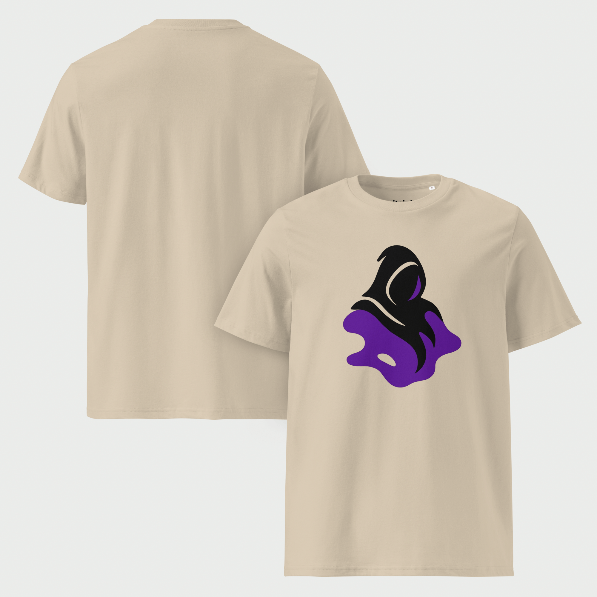 Men’s man mens Hug Organic Cotton T-Shirt  Crewneck short sleeves 100% organic cotton loose fit graphic print round O-neck tops petite-, tall-, plus-, size crew neck t-shirts in Desert dust beige with black purple accent color