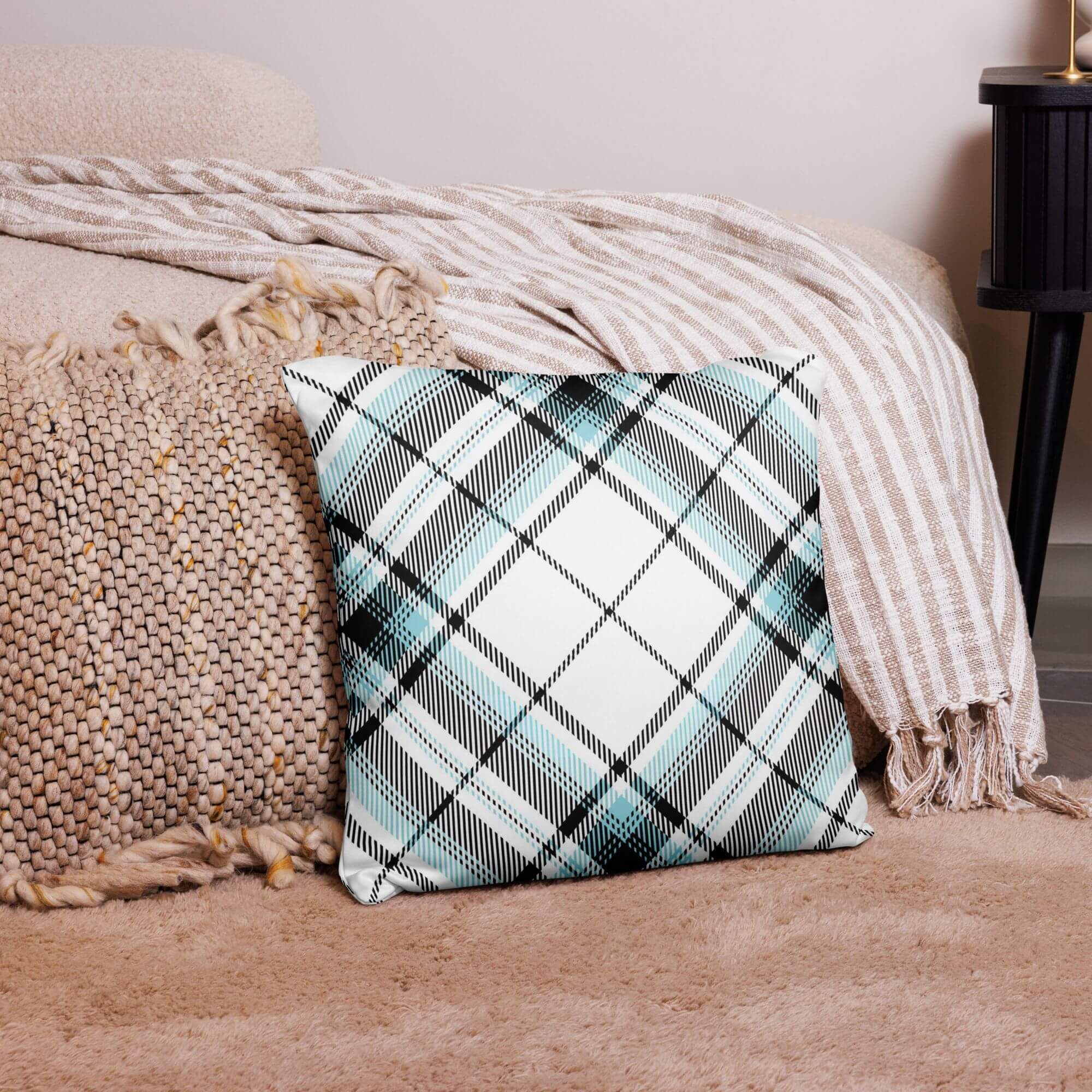 Plaid Tartan Pillow   Vintage classic checkered Decorative Pillowcases in white with light blue black various size design two sided print Pillows case Covers Scottish Canadian American Irish pillows cases 18″×18″