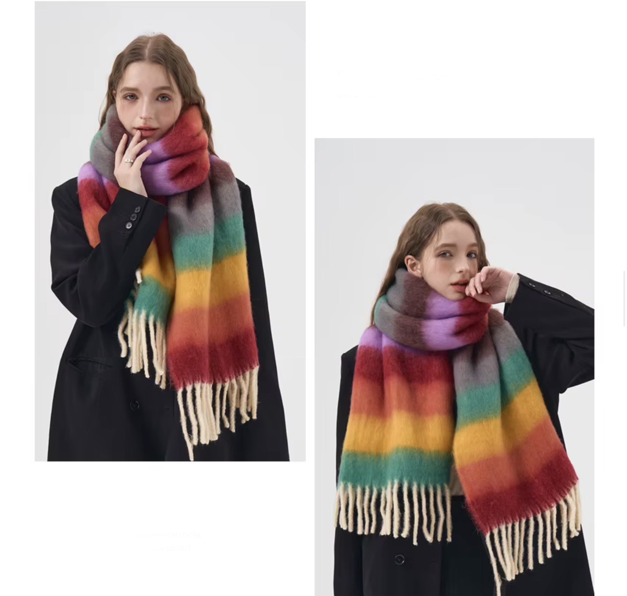 Women&rsquo;s woman womens Men&rsquo;s man mens Unisex Genflex Gender Neutral Genderfluid petite-, tall-, plus-, size alternate aesthetic luxury Casual Fall Autumn Winter Spring cold weather winter accessory long striped rainbow tassel scarf Fashion Tassels Scarves accessories in multi color contrast
