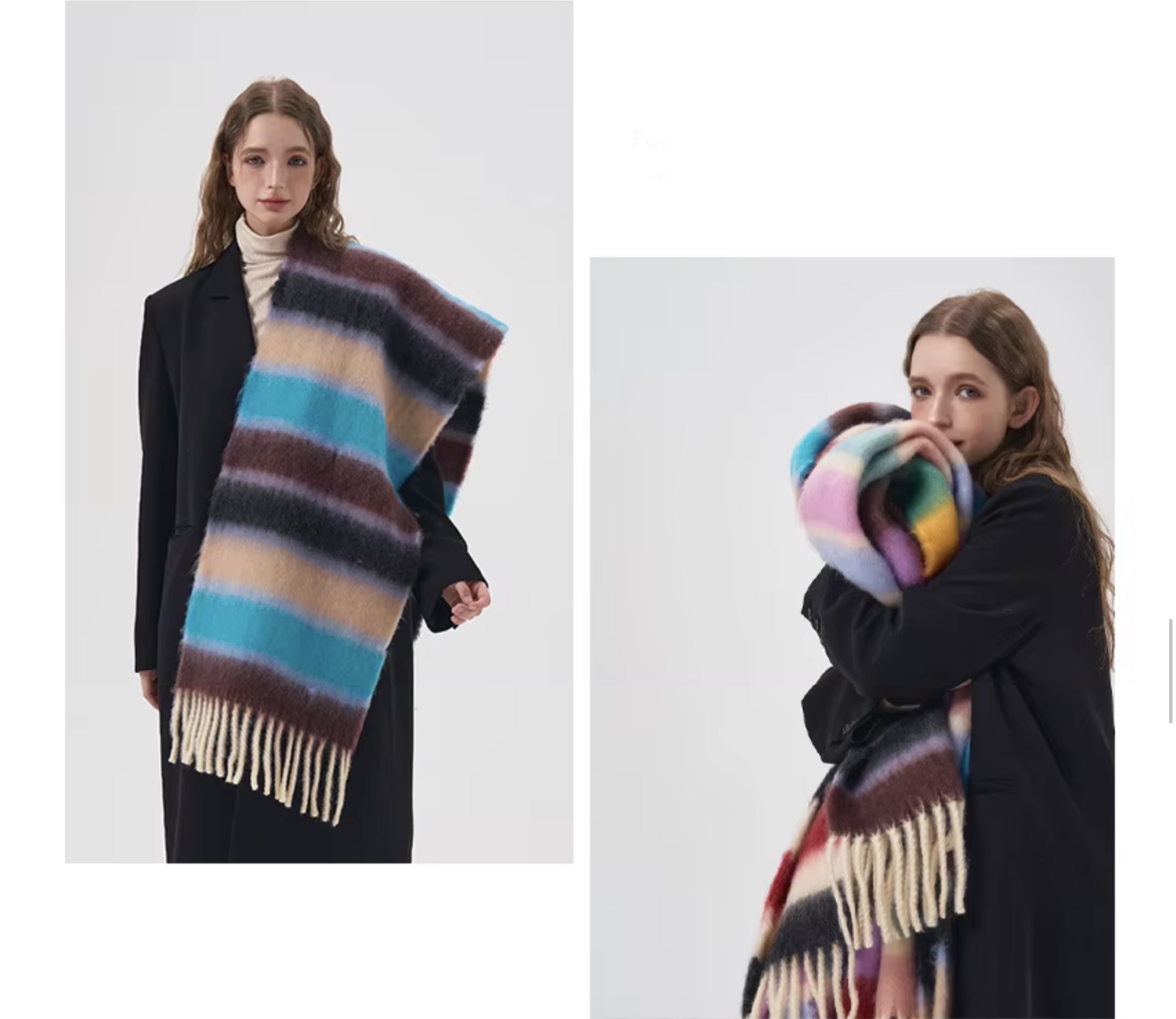 Women&rsquo;s woman womens Men&rsquo;s man mens Unisex Genflex Gender Neutral Genderfluid petite-, tall-, plus-, size alternate aesthetic luxury Casual Fall Autumn Winter Spring cold weather winter accessory long striped rainbow tassel scarf Fashion Tassels Scarves accessories in blue, brown multi color contrast
