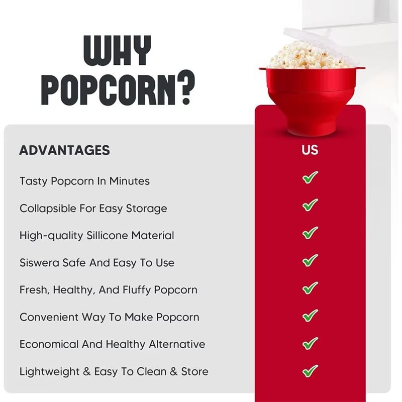 Microwave Popcorn Popper  Silicone BPA Free collapsible popcorn bowl accessories microwavable-safe pop corn makers with lid, Dishwasher safe kitchen entertaining party outdoor event movie night aids accessory in red, green
