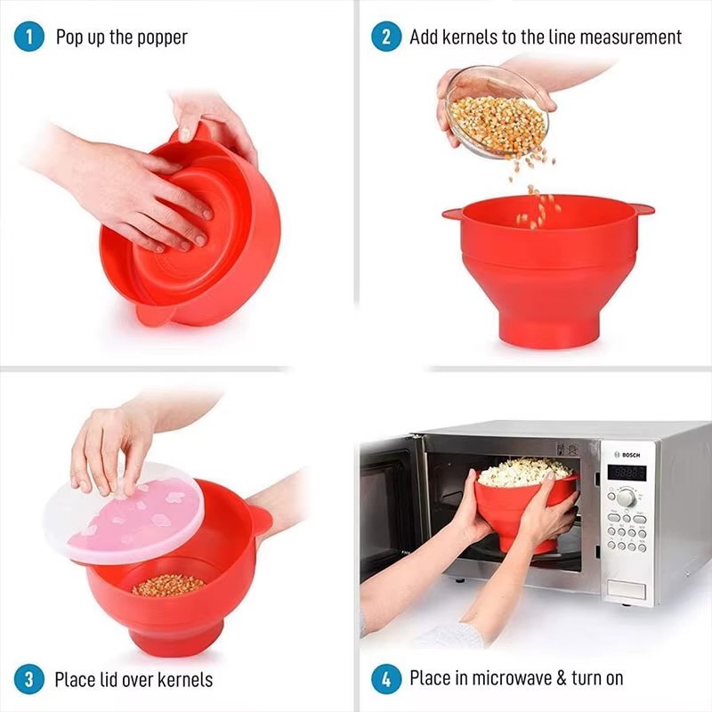 Microwave Popcorn Popper  Silicone BPA Free collapsible popcorn bowl accessories microwavable-safe pop corn makers with lid, Dishwasher safe kitchen entertaining party outdoor event movie night aids accessory in red, green