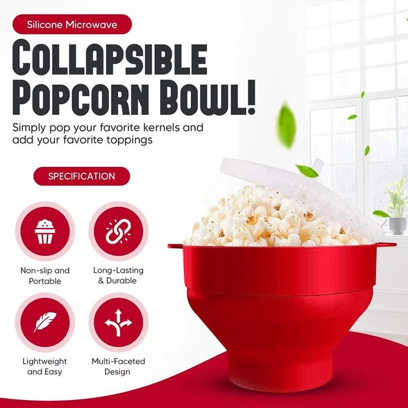 Microwave Popcorn Popper  Silicone BPA Free collapsible popcorn bowl accessories microwavable-safe pop corn makers with lid, Dishwasher safe kitchen entertaining party outdoor event movie night aids accessory in red, green