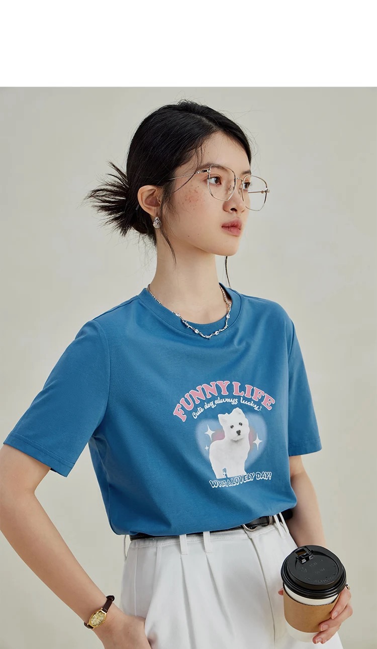 Loose Retro T-Shirt Women's Summer American Crewneck round o-neck Short Tops Womens Petite Size T-shirts FUNNY LIFE white Scotty Dog Tees for woman in teal blue