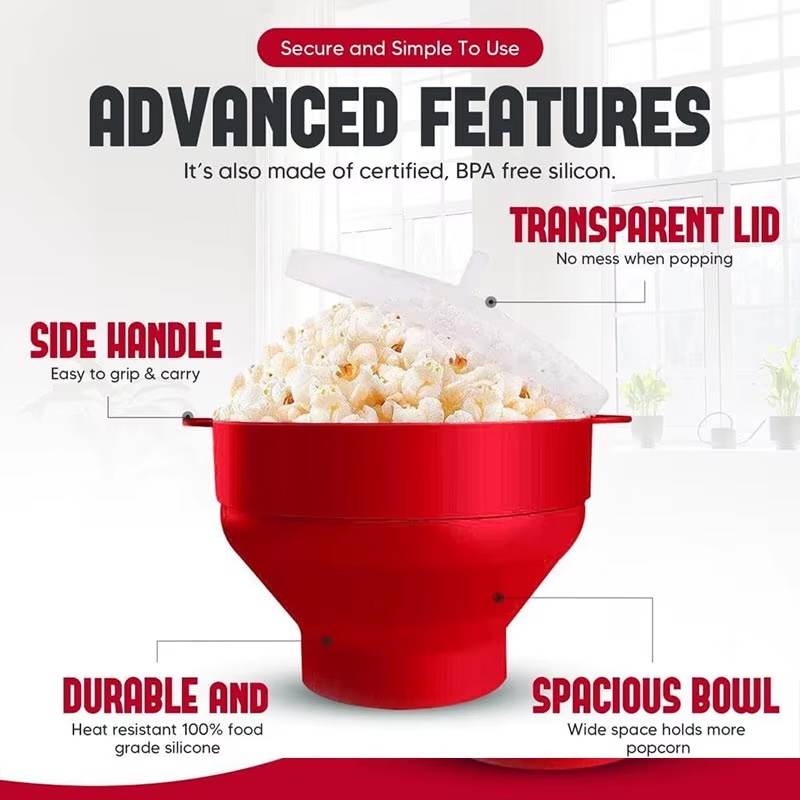 Microwave Popcorn Popper  Silicone BPA Free collapsible popcorn bowl accessories microwavable-safe pop corn makers with lid, Dishwasher safe kitchen entertaining party outdoor event movie night aids accessory in red, green