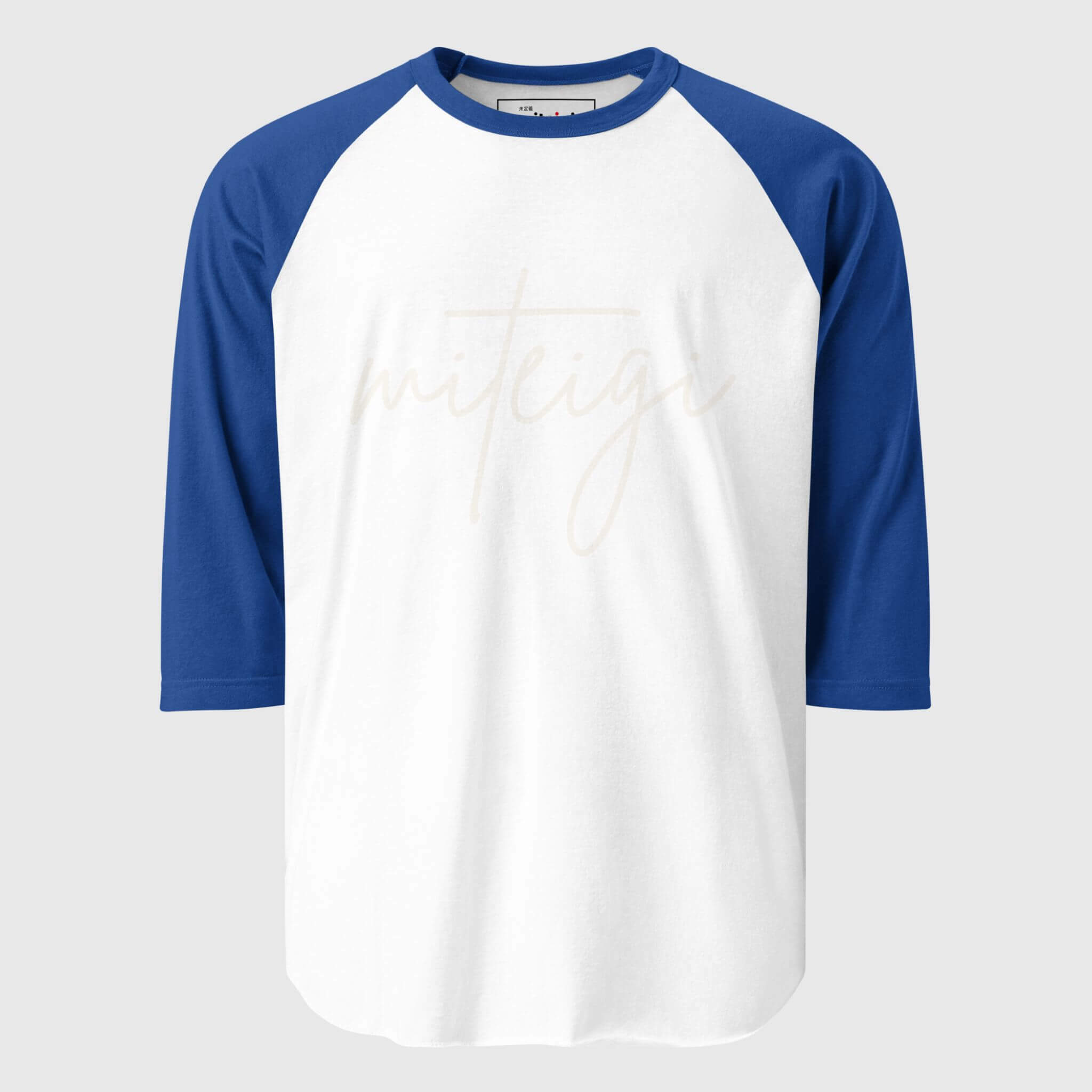 miteigi Script Logo Raglan T-Shirt Unisex anywear 3/4 sleeves crewneck round o-neck patchwork tops T-Shirts for man woman in white with blue mens womens Tees miteigi-Logo Branded product item
