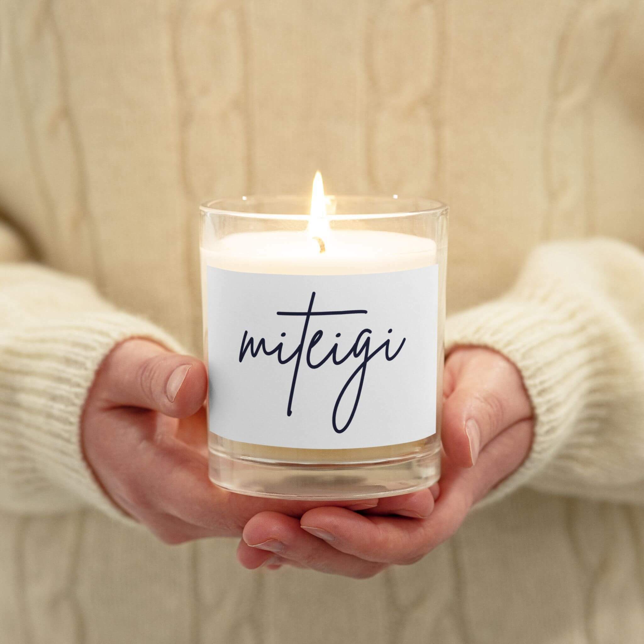 miteigi Glass Jar Soy Wax Candle miteigi script logo branded product item unscented candles home decor 