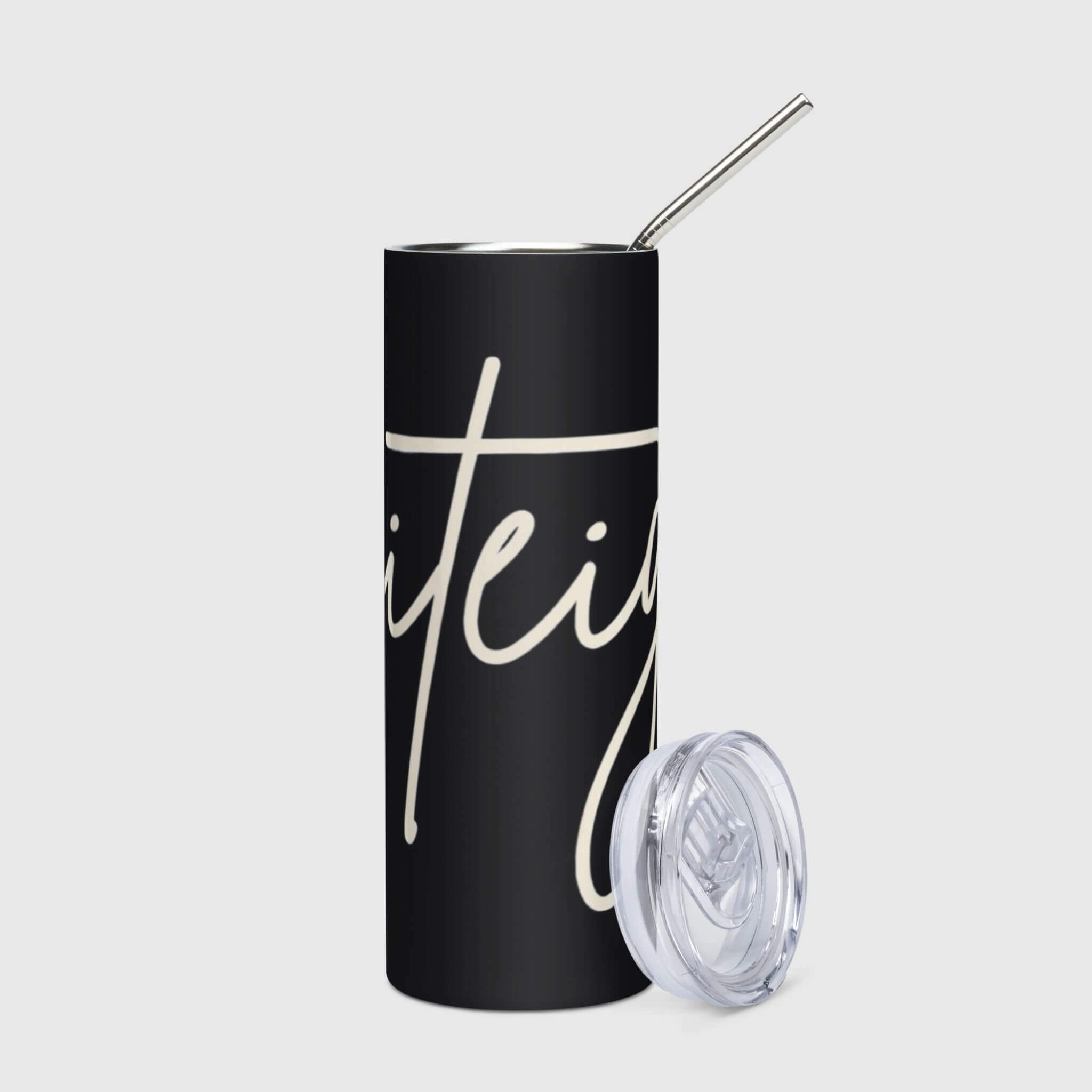 Stainless Steel Script Tumbler miteigi Logo miteigi-Logo branded product item travel mugs metal tumblers with straw and lid black with cosmic latte branding