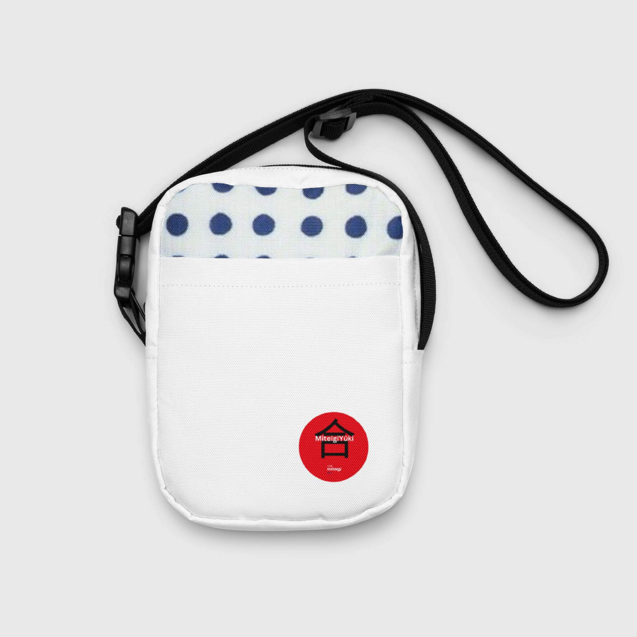 Utility Crossbody Bag MiteigiYūki Logo   Unisex Men’s Women’s miteigiYūki by miteigi everyday use Japanese shoulder bags Luggage for man woman in white with red design and Mameshibori pattern highlights womens mens accessory