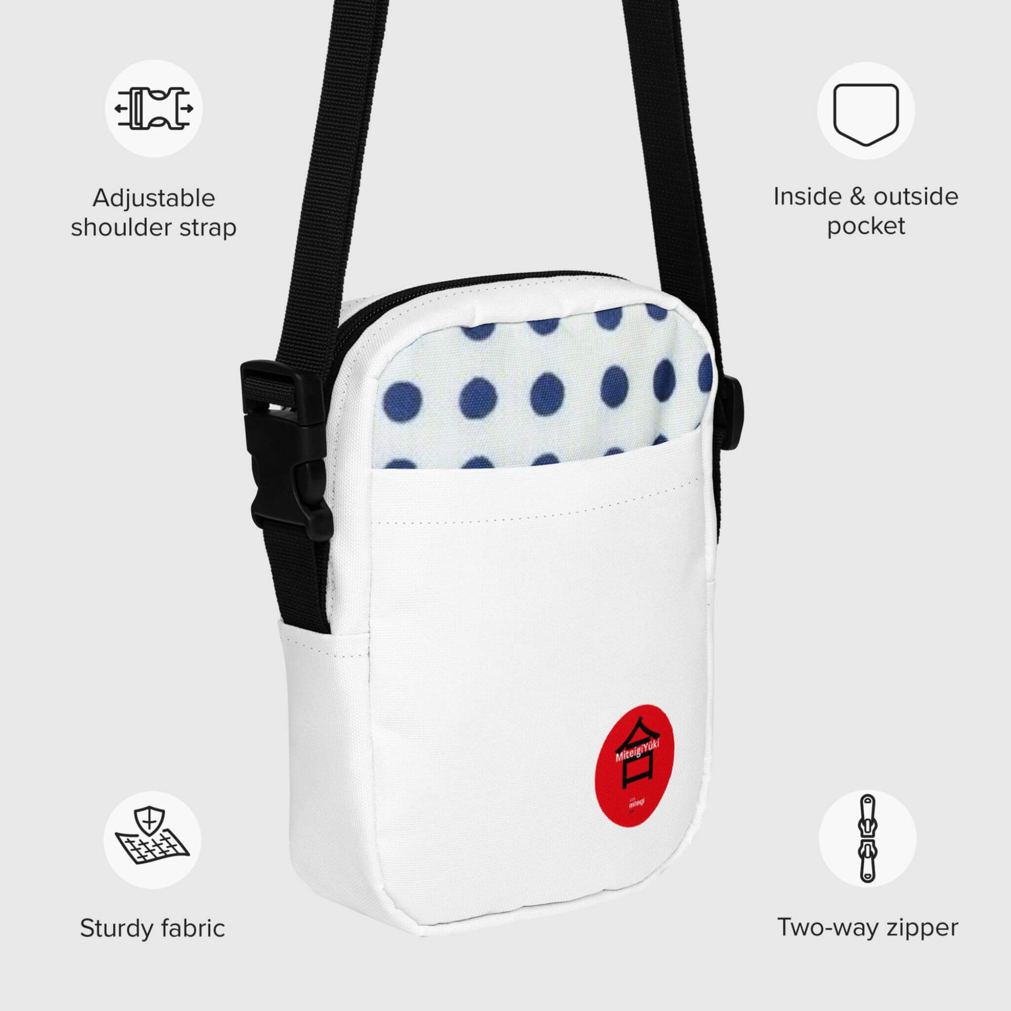 Utility Crossbody Bag MiteigiYūki Logo   Unisex Men’s Women’s miteigiYūki by miteigi everyday use Japanese shoulder bags Luggage for man woman in white with red design and Mameshibori pattern highlights womens mens accessory