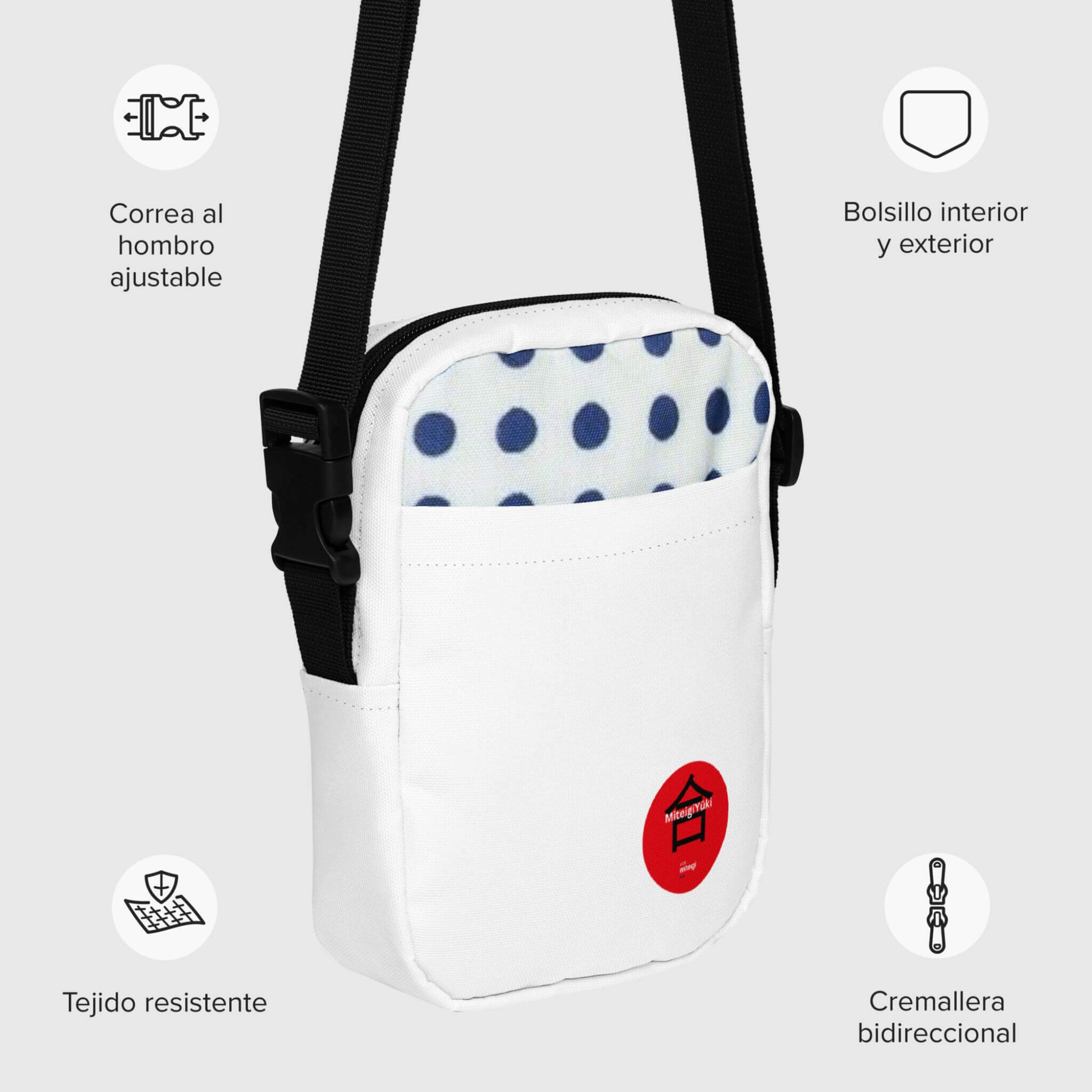 Utility Crossbody Bag MiteigiYūki Logo   Unisex Men’s Women’s miteigiYūki by miteigi everyday use Japanese shoulder bags Luggage for man woman in white with red design and Mameshibori pattern highlights womens mens accessory