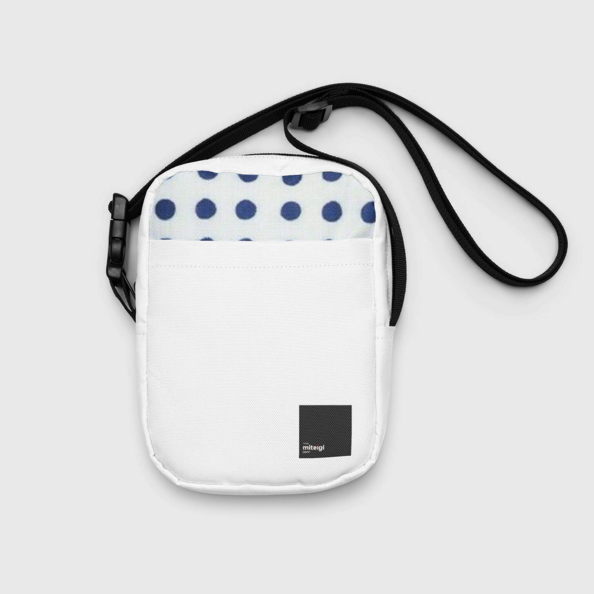 Mameshibori Utility Crossbody Bag miteigi Logo   Unisex Men’s Women’s miteigi-logo everyday use Japanese shoulder bags Luggage for man woman in white with black design and Mameshibori pattern highlights womens mens accessory