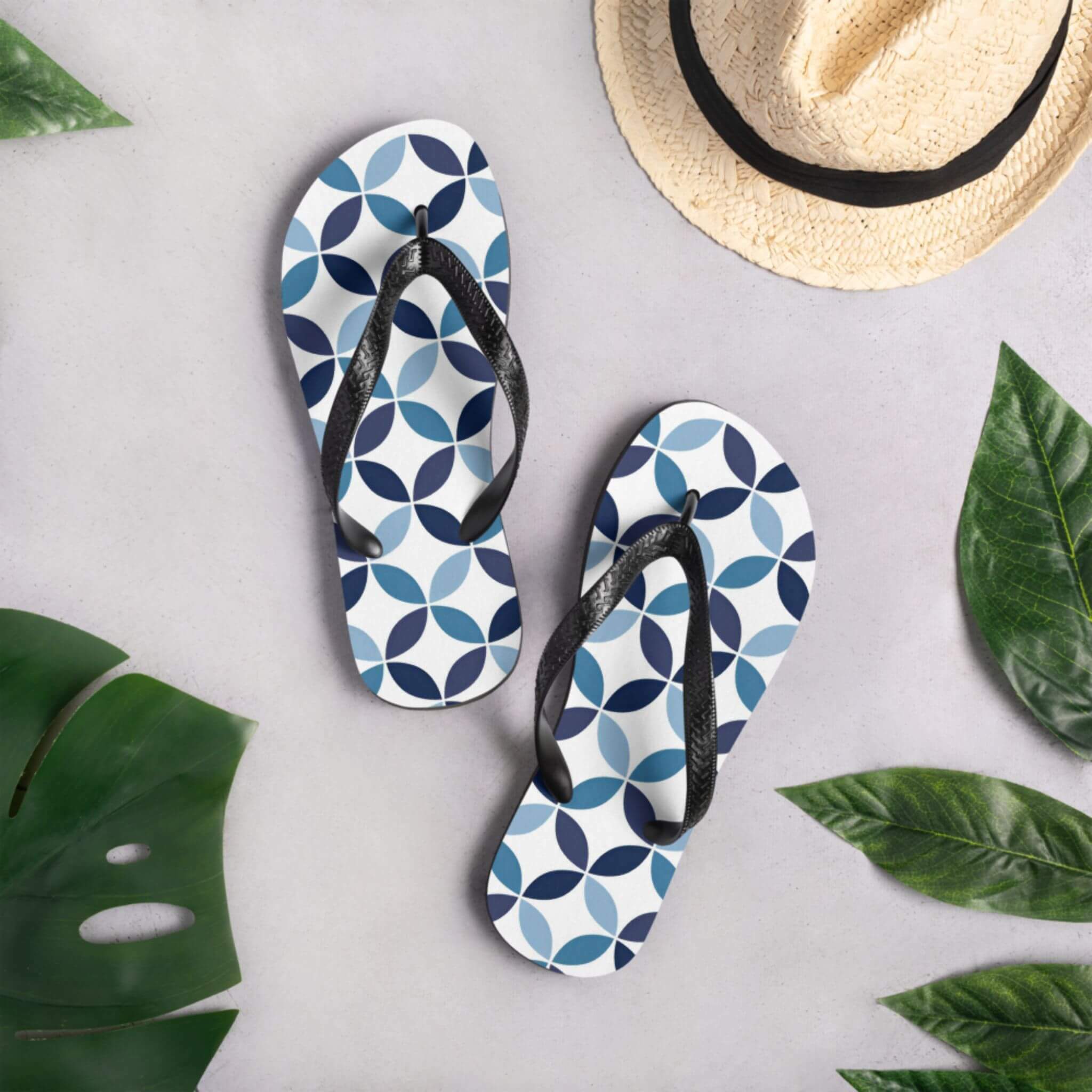 miteigi Supanova Circles Flip Flops Unisex anywear  Men’s Women’s miteigi designed vacation slippers for Man Woman in indigo blue patchwork circle pattern Holiday getaway mens womens flip-flops footwear