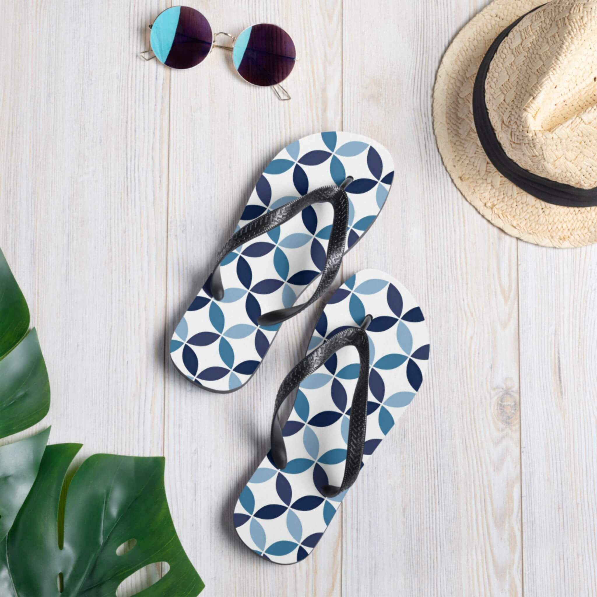 miteigi Supanova Circles Flip Flops Unisex anywear  Men’s Women’s miteigi designed vacation slippers for Man Woman in indigo blue patchwork circle pattern Holiday getaway mens womens flip-flops footwear