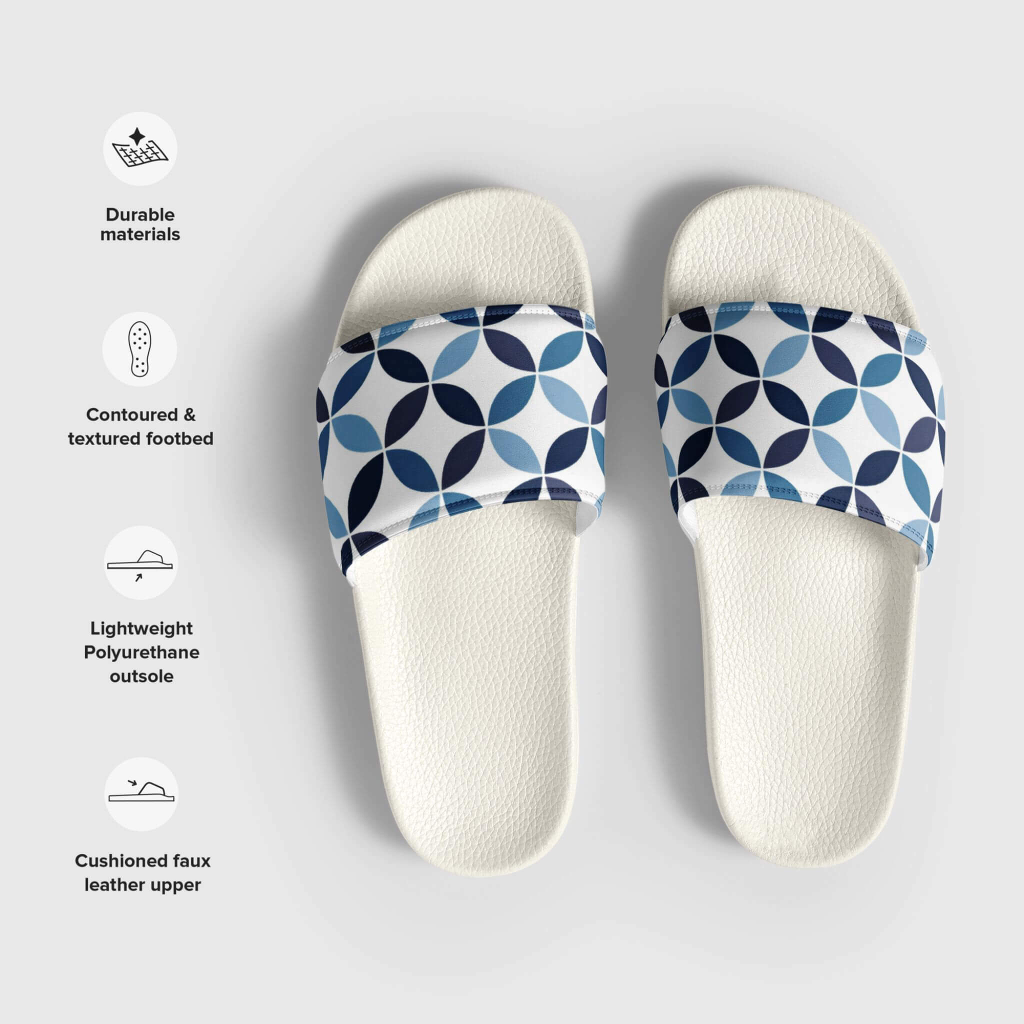 miteigi Supanova Circle Slides indigo blue Women’s casual patchwork flip flops miteigi logo designed sandals for woman in indigo blue circles Womens beachwear slippers Vacation getaway holiday footwear in white 