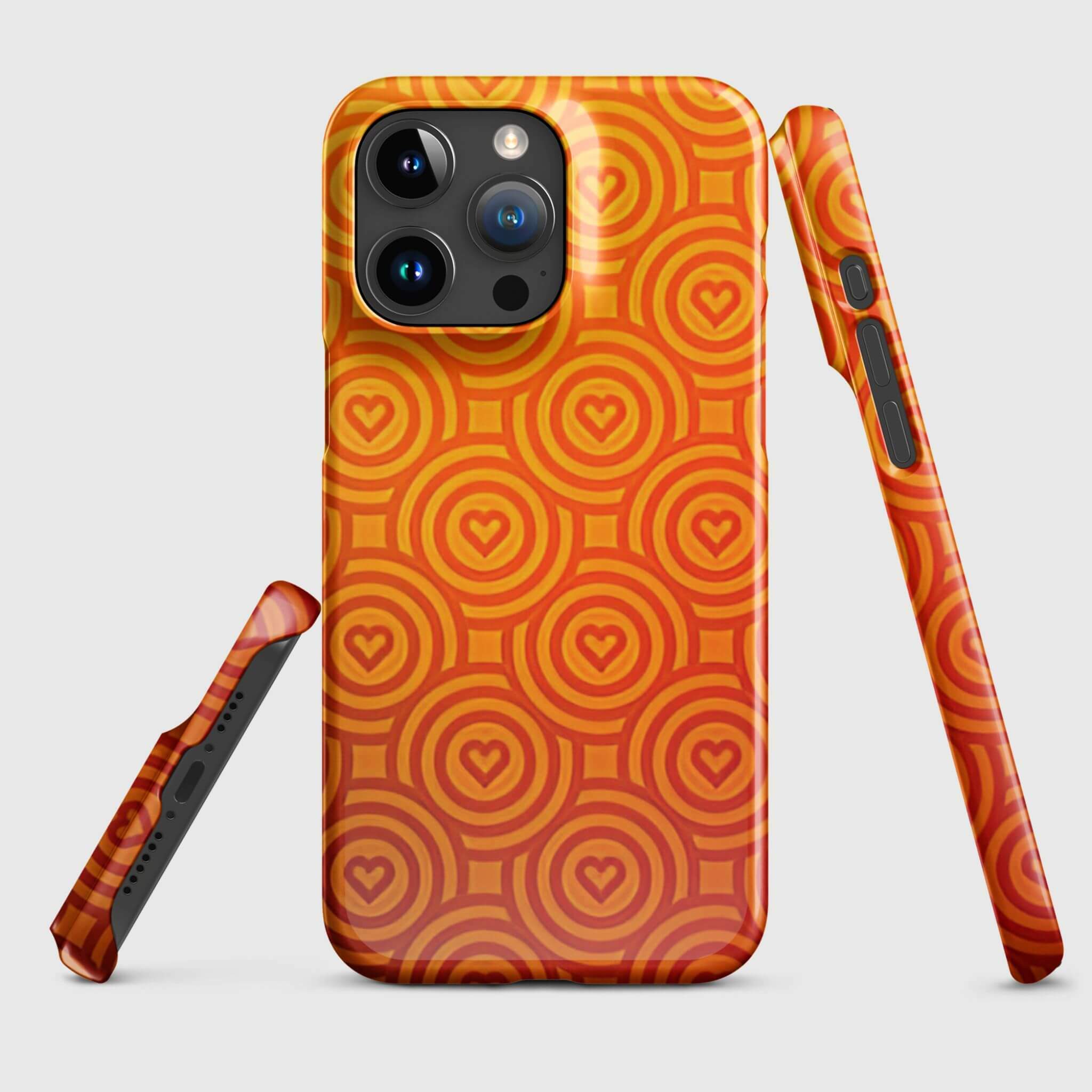 miteigi Snap Case for iPhone®  miteigi Japanese pattern design phone cases overs for Apple iPhone 15 Pro Max, iPhone 15 Pro, iPhone 15 Plus, iPhone 15, iPhone 14 Pro Max, iPhone 14 Pro, iPhone 14 Plus, iPhone 14, iPhone 13 Pro Max, iPhone 13 Pro, iPhone 13, iPhone 13 Mini, iPhone 12 Pro Max, iPhone 12 Pro, iPhone 12, iPhone 12 Mini, iPhone 11 Pro Max, iPhone 11 Pro, iPhone 11 mobile accessories in orange heart circles sunset patterns