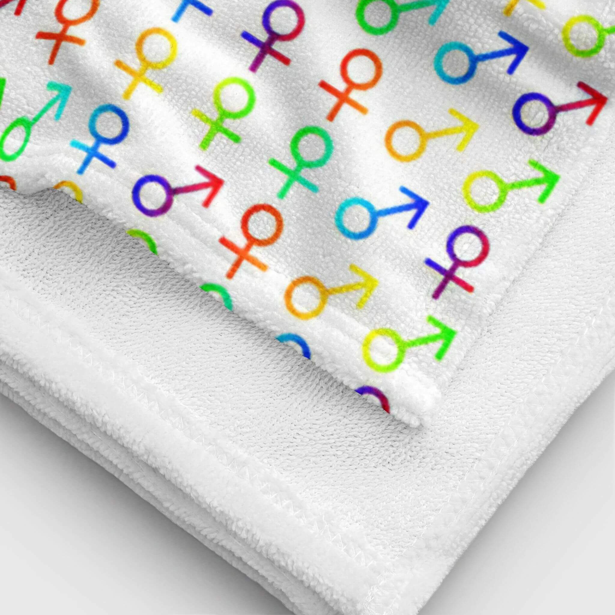 miteigi UniGen Beach Towel  miteigi-logo unisex gender design cotton blend terry fabric anywear LGBTQ+ neutral symbols bath towels 30″×60″ Rainbow multicolor Getaway holiday vacation bathroom linens home decor gifting