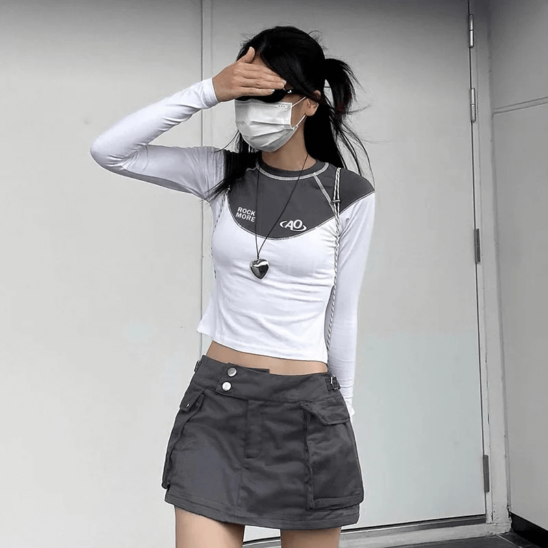 MiteigiYūki Stitched Sports T-Shirt  Women’s ROCKMORE AO Streetwear Skinny Slim fit Crewneck round o-neck White Long Sleeve Knitted Crop Tops womens Korean Fashion Tees for Women y2k Aesthetic Sportswear Fitness Tees Cropped T-Shirts for Woman in with Gray grey patchwork trim