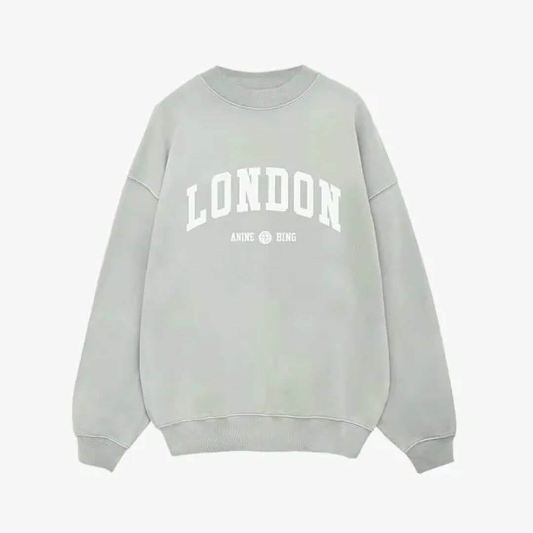 Classic LONDON Sweatshirt seafoam   miteigi Women’s ANNIE BING Letter Print Light Green Round Crewneck O-Neck With Cashmere cotton fitness sports long sleeves Sweatshirts Activewear LON Sportswear for woman Jaci Uni