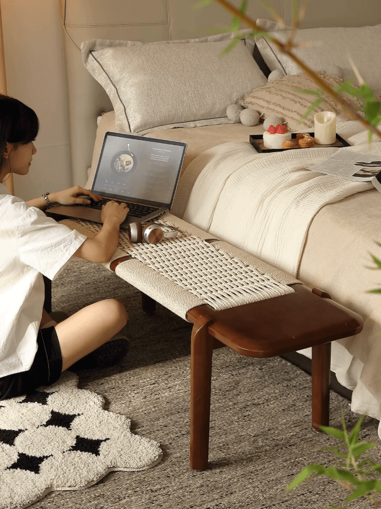 Home office Vintage Solid, Entryway Storage Shoe Stool, Stylish Bed End Seat, Living Dining Rope Woven Long Seating Wooden Bench In natural brown wood color furniture 