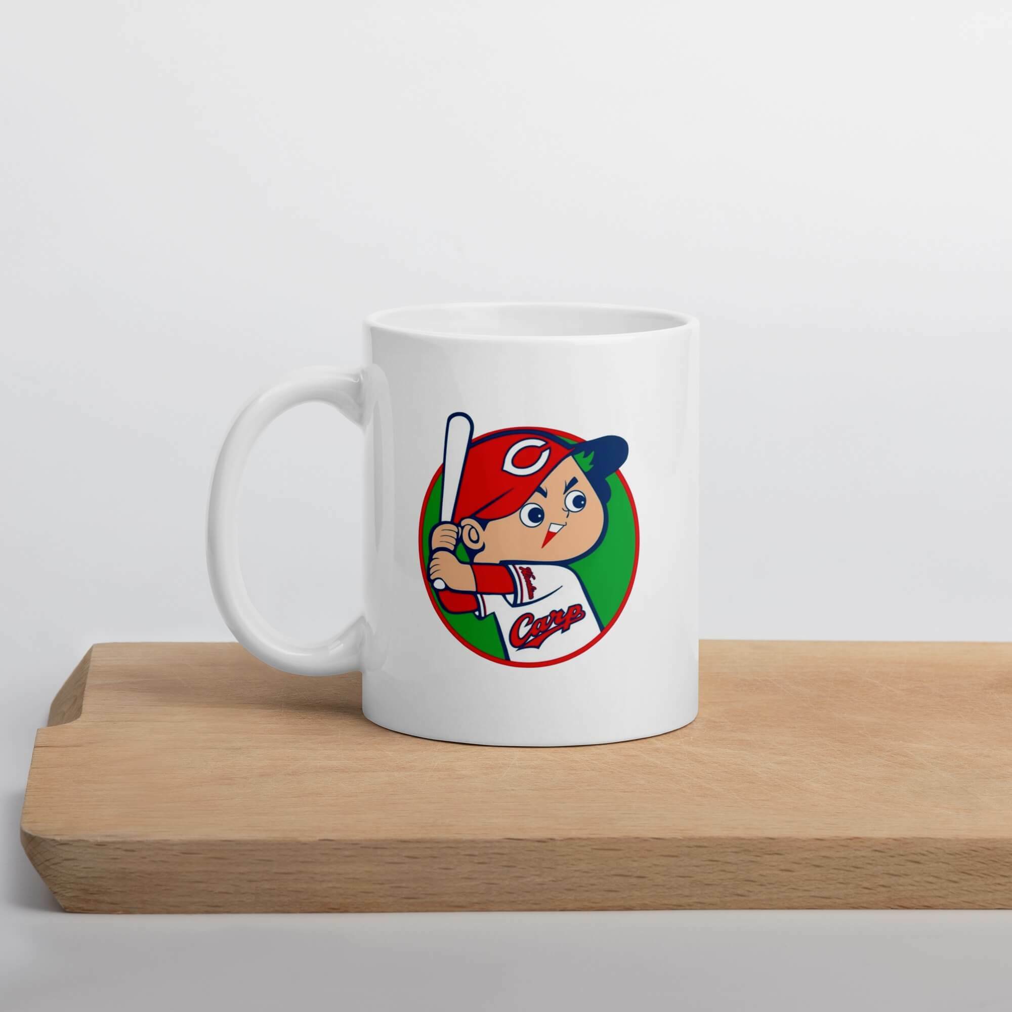 Glossy Hiroshima Toyo Carp Mug                   Cartoon Japan sports character drinks cup coffee, tea, juice, milk drinking cups miteigi branded product item tumblers ceramics in white with red blue multicolor pattern Baseball sport gear Japanese Kure Ceramic Anime Fans Gifts mugs