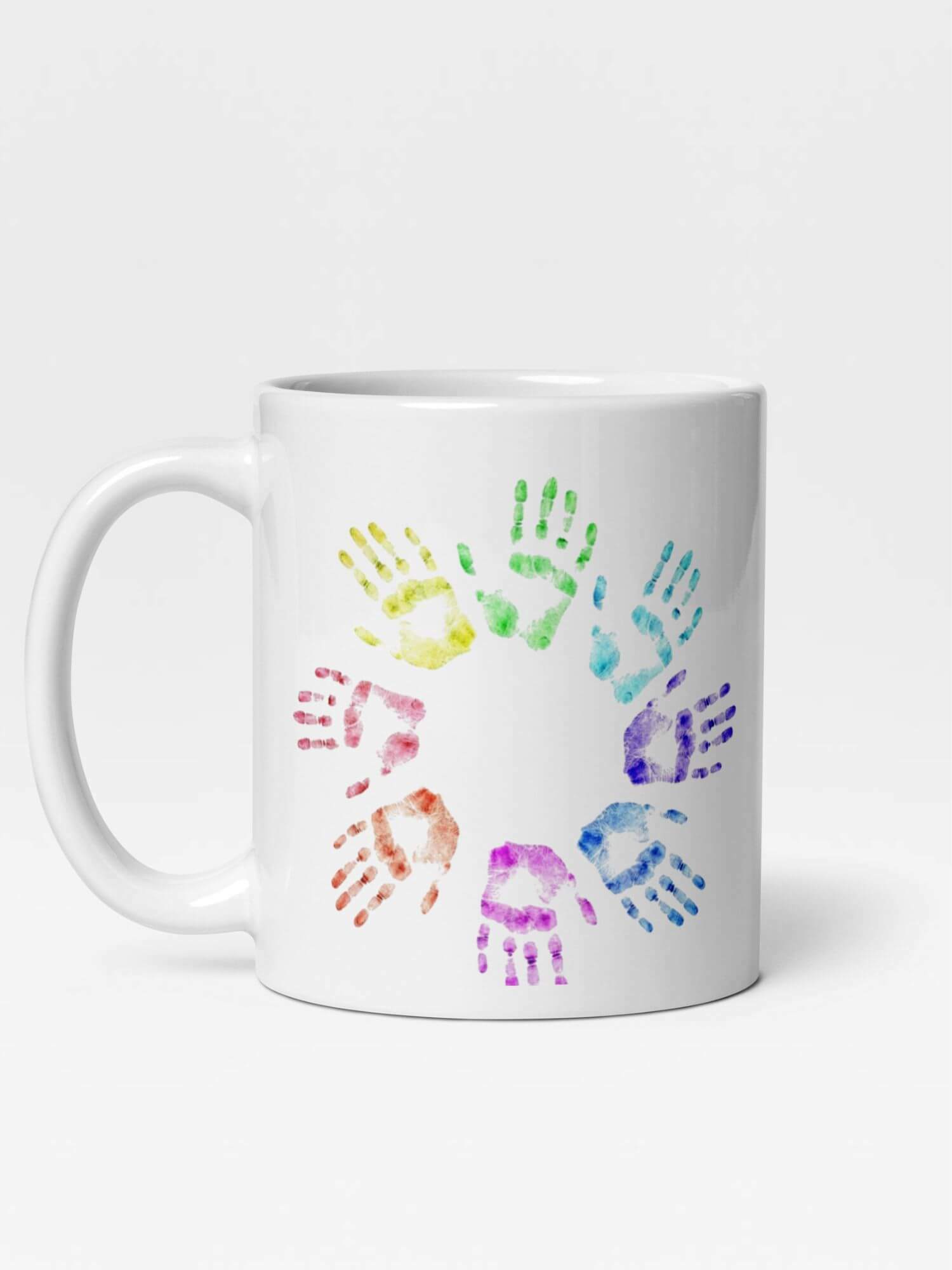 Glossy Rainbow Hands Mug       Cartoon pride character drinks cup coffee, tea, juice, milk drinking cups miteigi branded product item tumblers ceramics in white with multicolor pattern Ceramic Anime Gifts rainbows lgbtqia pride mugs