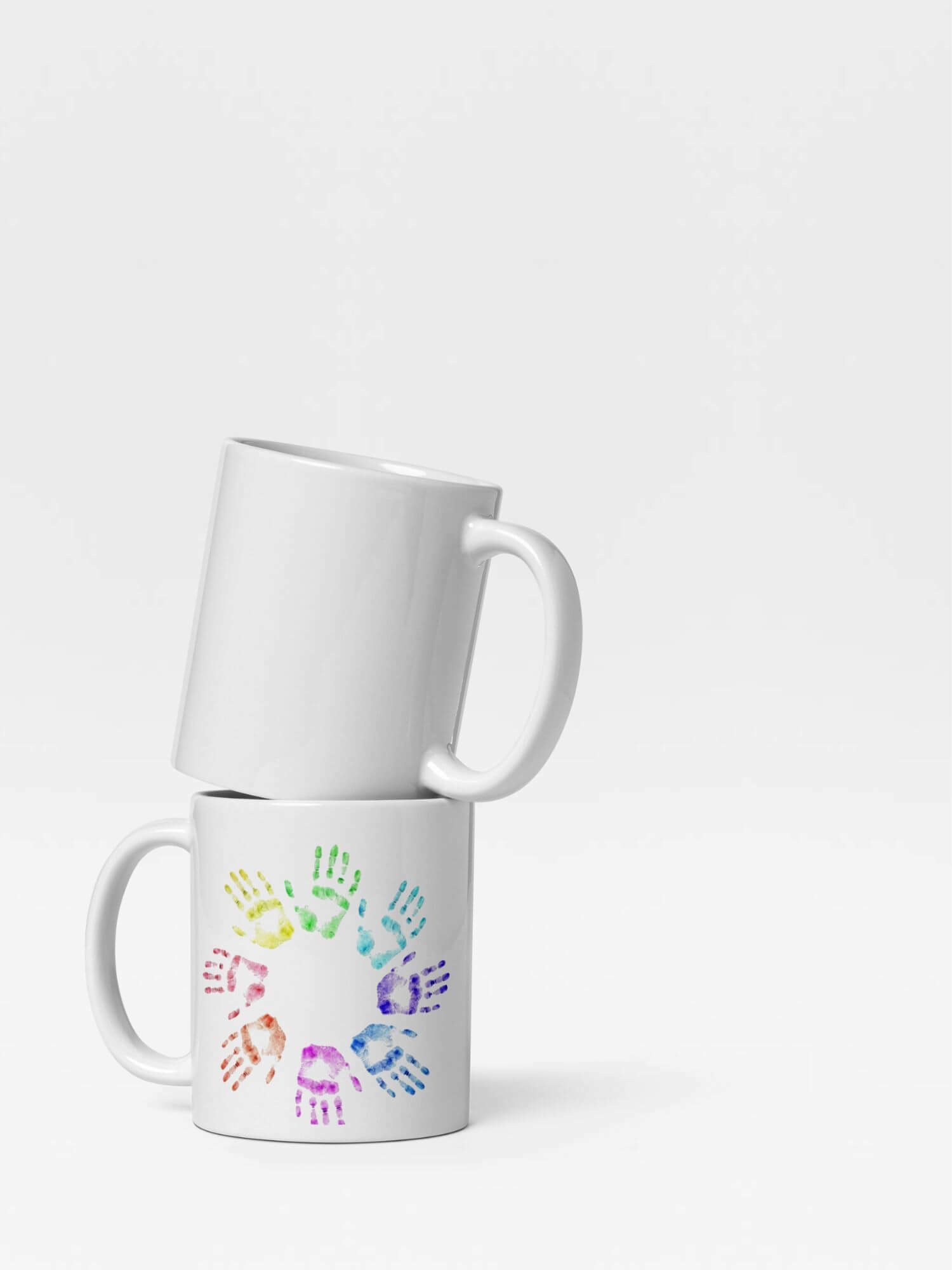 Glossy Rainbow Hands Mug       Cartoon pride character drinks cup coffee, tea, juice, milk drinking cups miteigi branded product item tumblers ceramics in white with multicolor pattern Ceramic Anime Gifts rainbows lgbtqia pride mugs