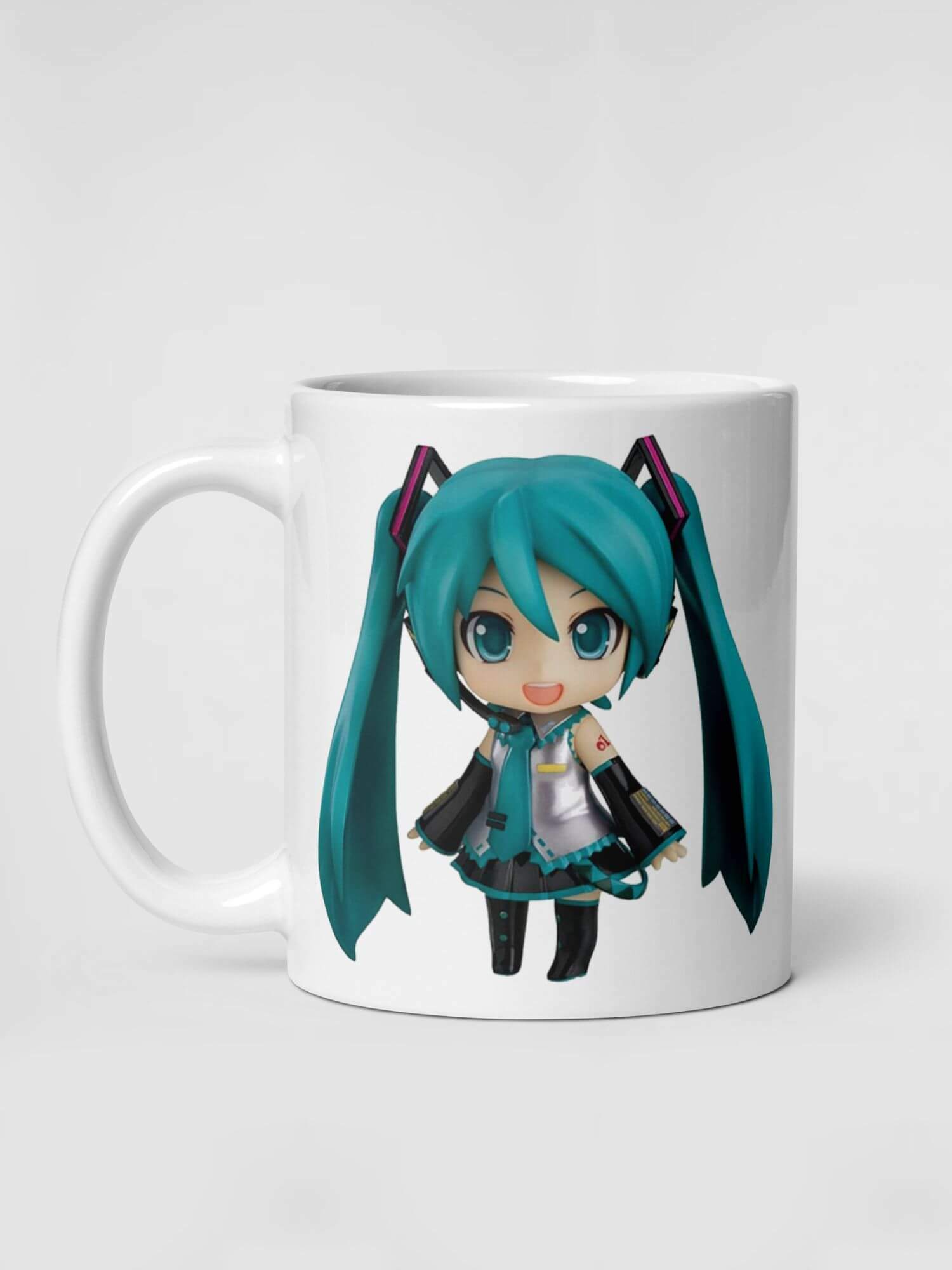 Glossy Hatsune Miku Smile Mug       Cartoon female teens character drinks cup coffee, tea, juice, milk drinking cups miteigi branded product item tumblers ceramics in white with blue green multicolor pattern Ceramic Anime Gifts girls teenagers y2k generation Japanese mugs