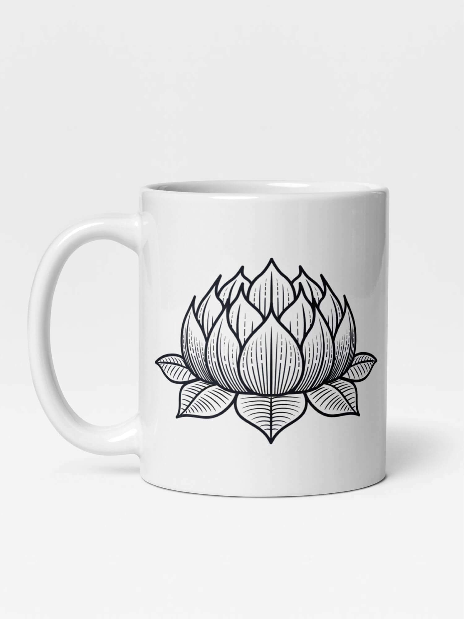 Glossy Lotus Flower Scribed Mug       Cartoon floral plant character drinks cup coffee, tea, juice, milk drinking cups miteigi branded product item tumblers ceramics in white with black ink pattern Ceramic Anime Gifts Japanese flowers mugs