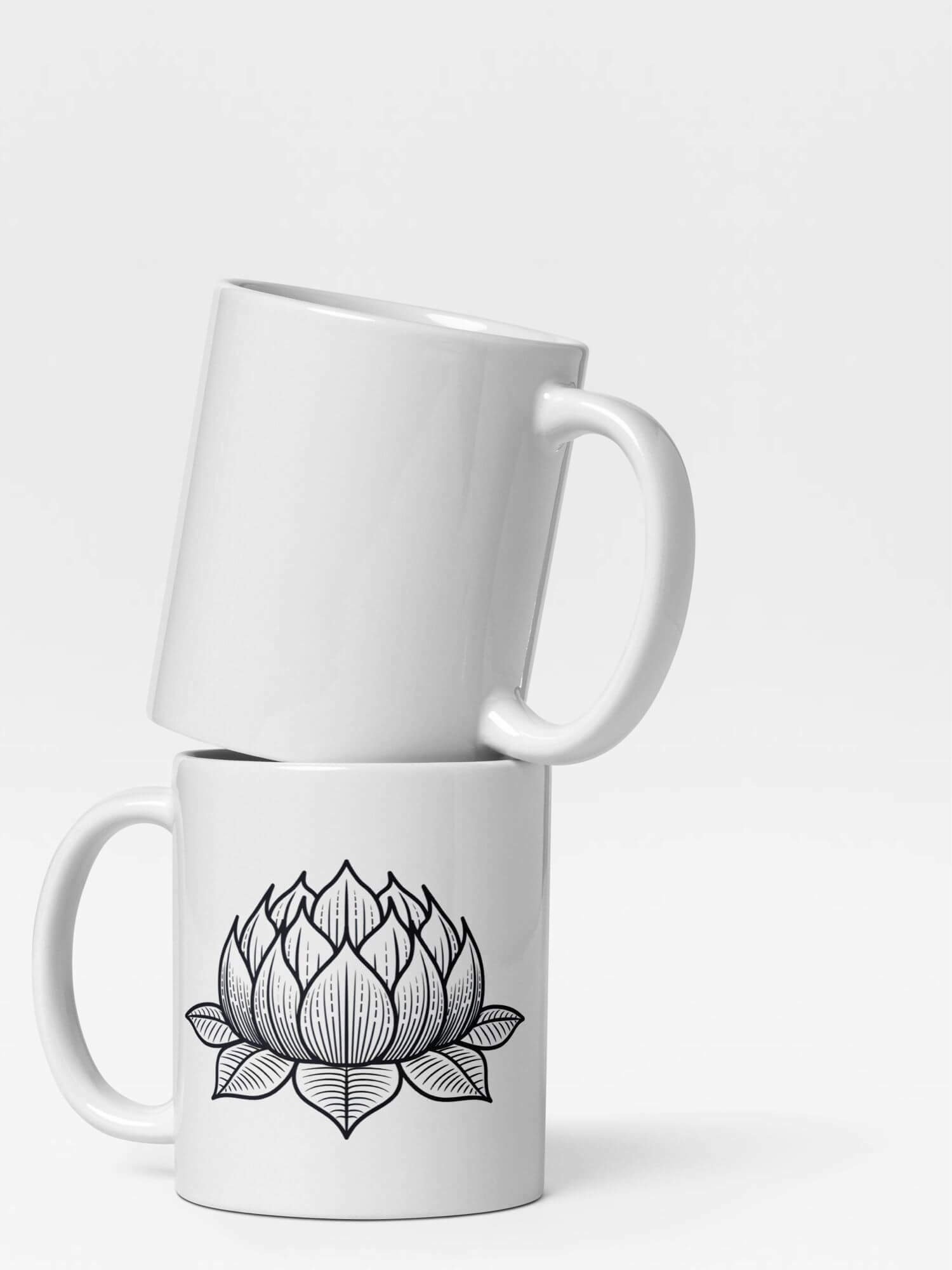 Glossy Lotus Flower Scribed Mug       Cartoon floral plant character drinks cup coffee, tea, juice, milk drinking cups miteigi branded product item tumblers ceramics in white with black ink pattern Ceramic Anime Gifts Japanese flowers mugs