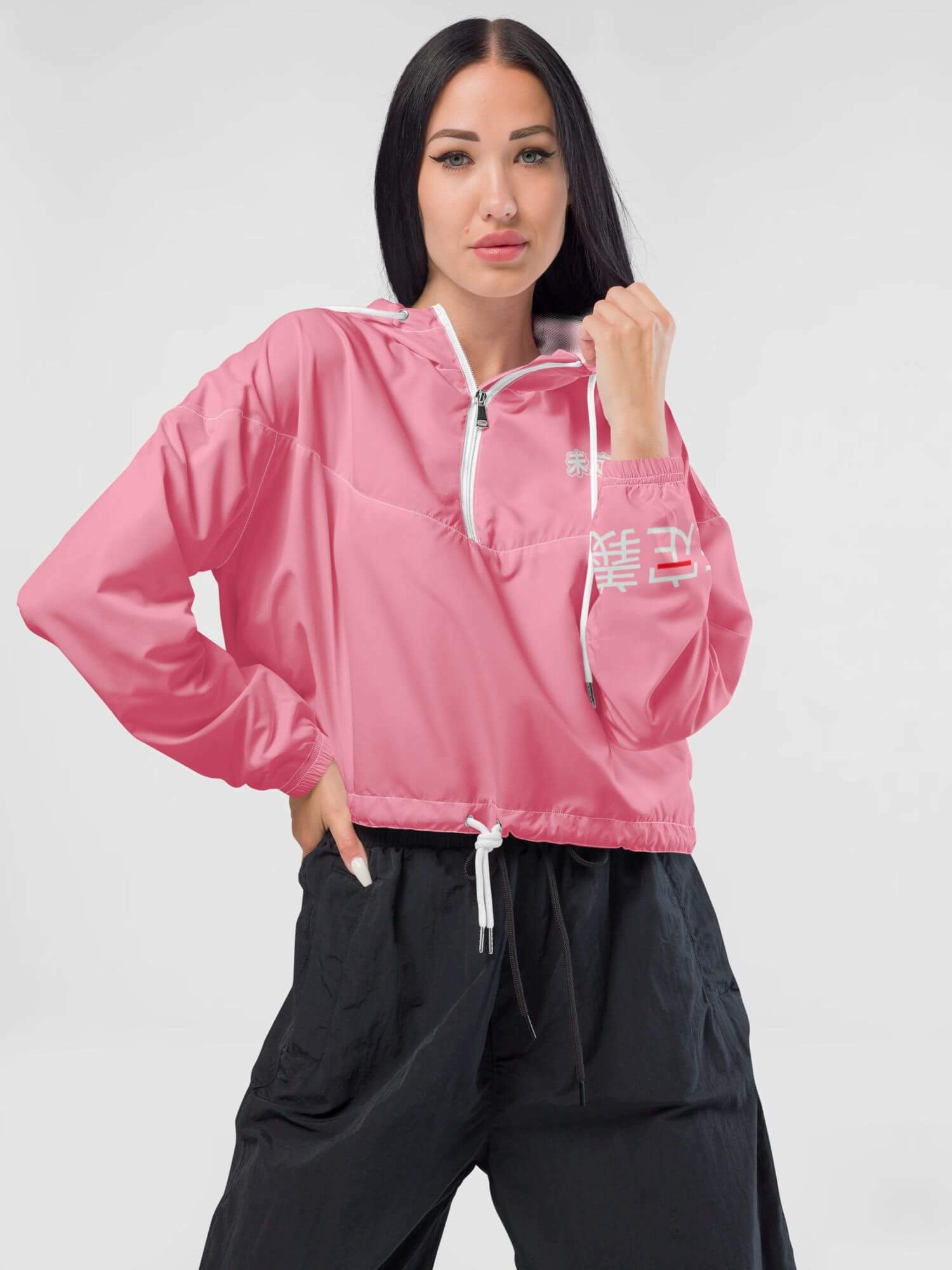 miteigi Arch Logo Cropped Windbreaker     Women’s long sleeves hooded zipper short jacket for petite tall plus size woman  miteigi logo-branded Jackets in pink with platinum red pattern MiteigiYūki fitness gym running sports womens hoodie sportswear outerwear  coats