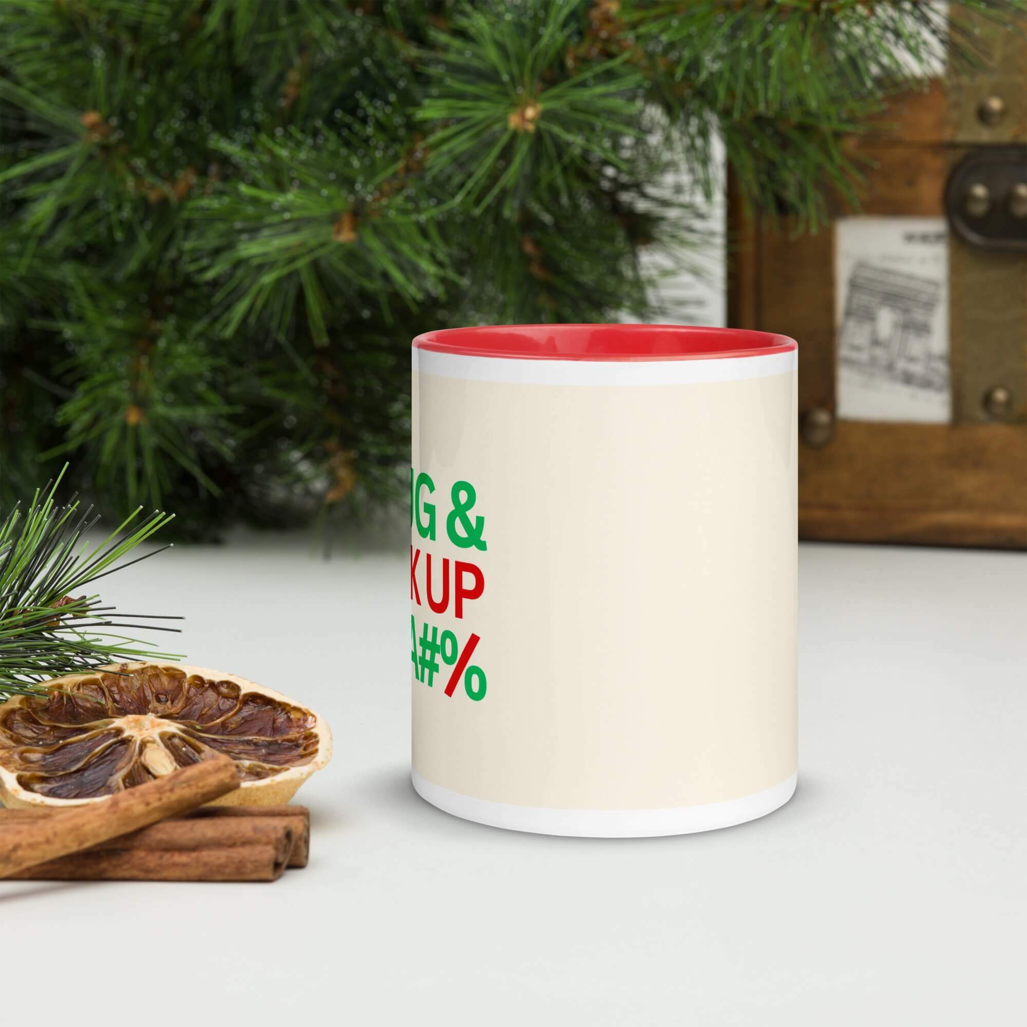 Seasons Greetings Mug                 Cartoon Holiday Season Greeting letter print drinks cup coffee, tea, juice, milk drinking cups miteigi branded product item tumblers ceramics in white with red green multicolor pattern Ceramic Anime Gifts A HUG & A KICK UP THE ASS BUM Bottom Backside A#% and Merry Christmas, Ho Ho Ho, festive mugs