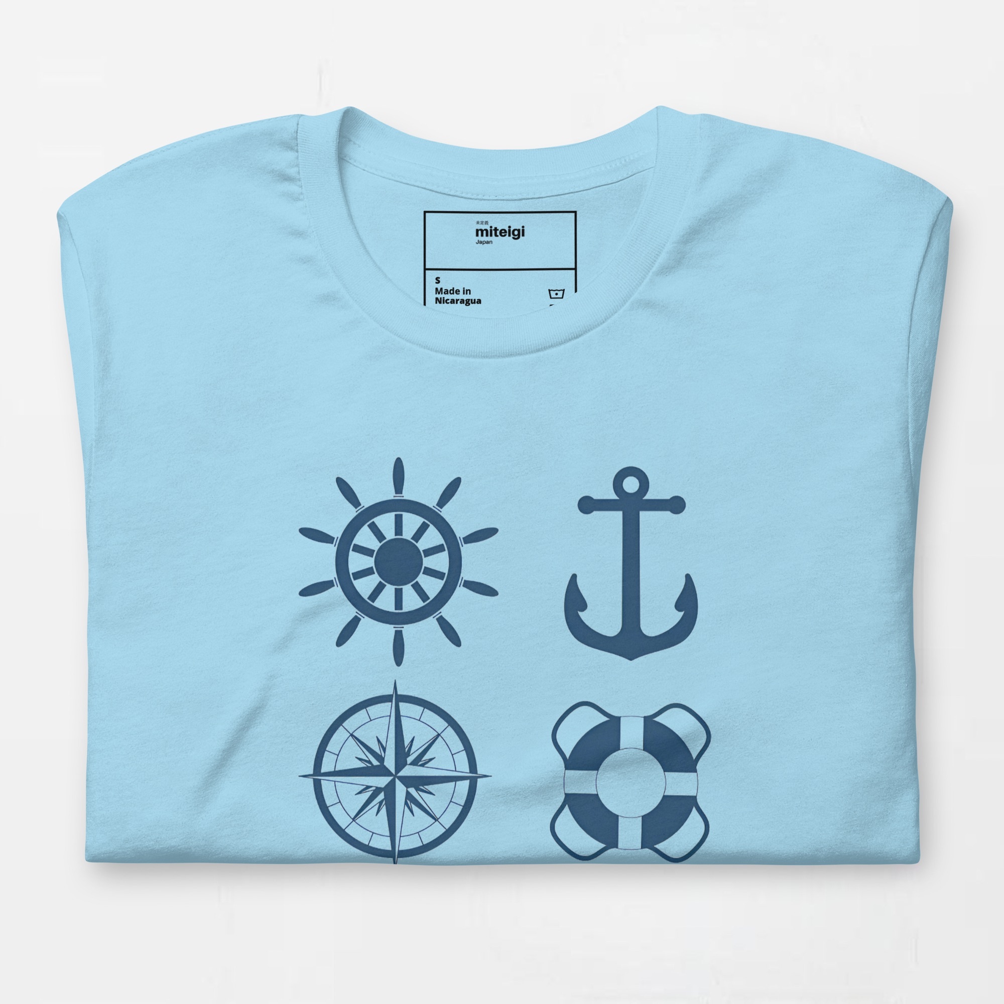 Bella + Canvas x miteigi Logo Crewneck Unisex T-Shirt blue    Unisex anywear Women’s Men's Short Sleeves o-neck Japanese Casual Solid Color Cartoon Yachting Sailing anchor lifebuoy compass sail wheel rudder steering symbols characters Logo Branded product item Beach travel vacation holiday getaway womens mens crew neck round Tops T-Shirts for tall-, plus-, size man woman sailors boating yachts boats ships oceans shipping Genderful tees