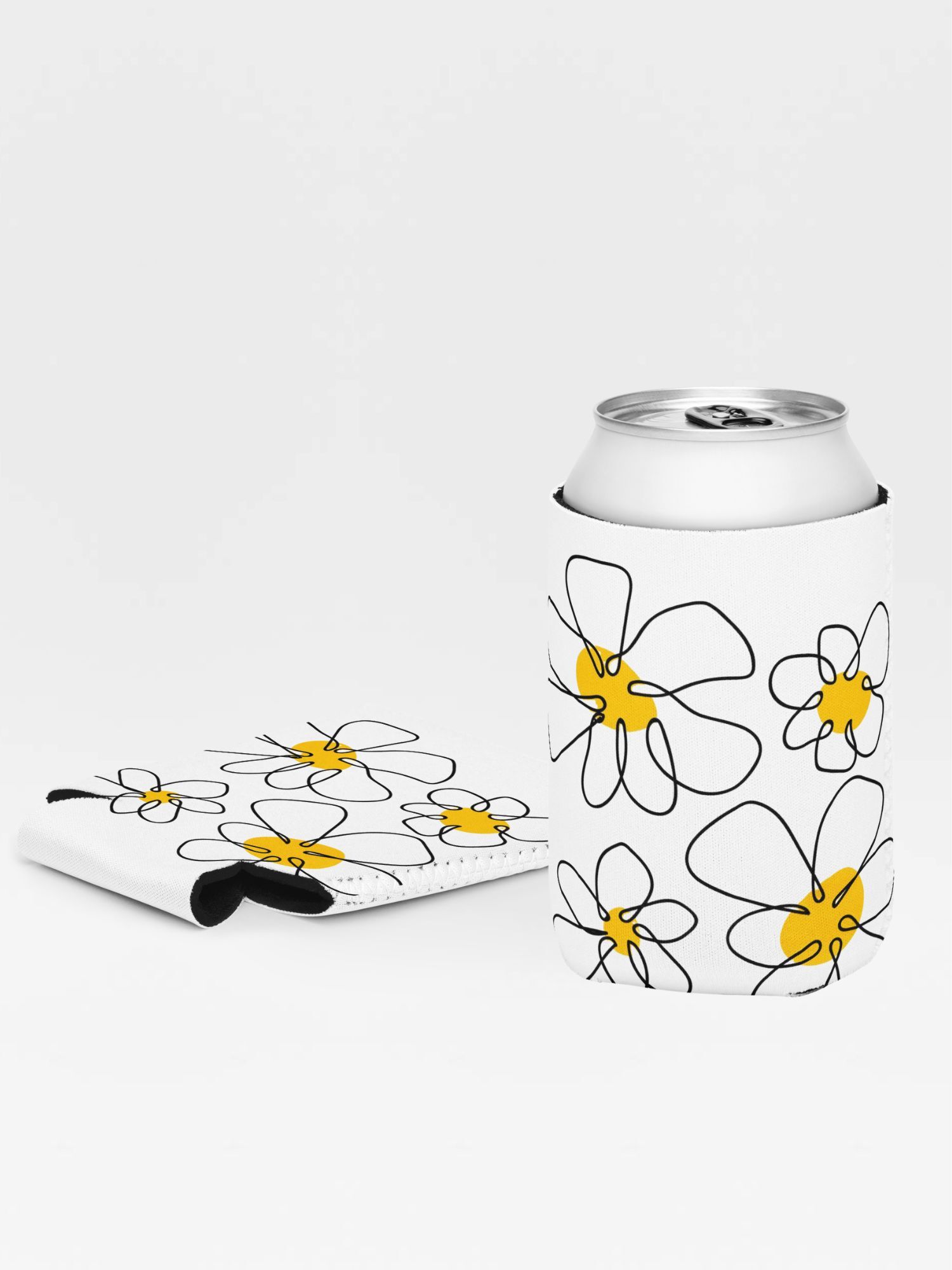 Daisy Can Cooler Regular 12-Oz    Drinks coolers in white with yellow black daisies design print entertainment cans coolers Getaway holiday vacation party beach events entertaining soft-drinks covers