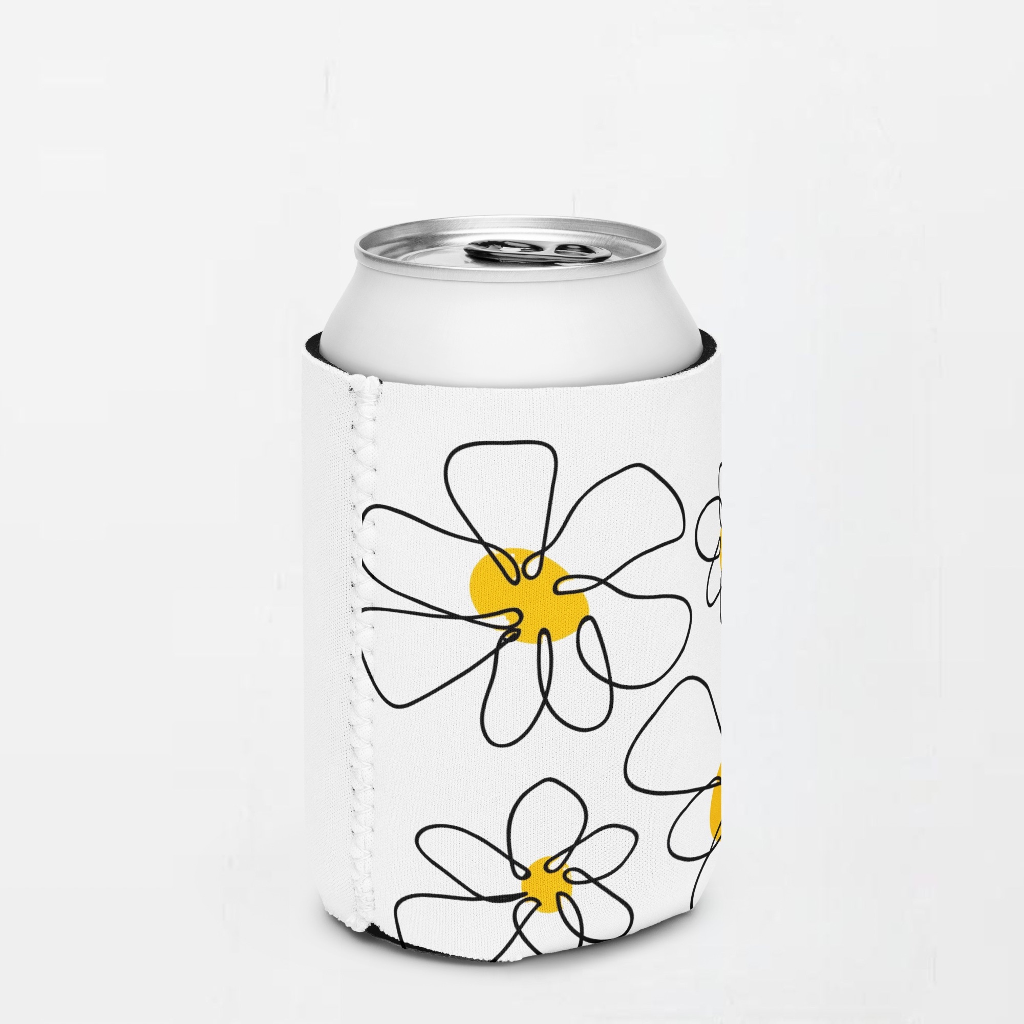 Daisy Can Cooler Regular 12-Oz    Drinks coolers in white with yellow black daisies design print entertainment cans coolers Getaway holiday vacation party beach events entertaining soft-drinks covers