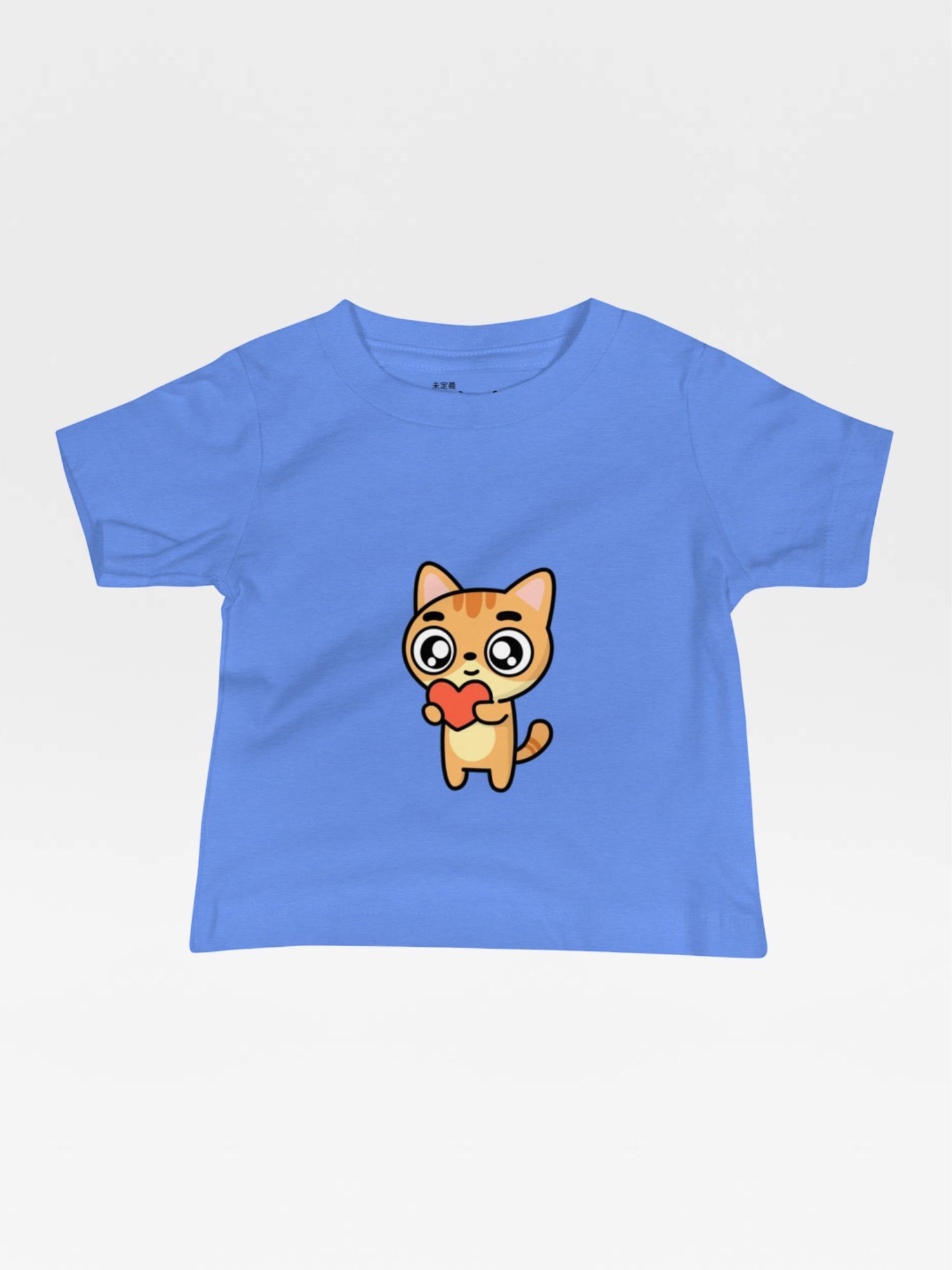 Baby Heart T-Shirt blue    Unisex Boys Girls Cat Anime characters cartoon design crew neck round o-neck short sleeves Tops for boy girl with brown kittens holding a red love hearts design T-shirts Babies cats animals Tees